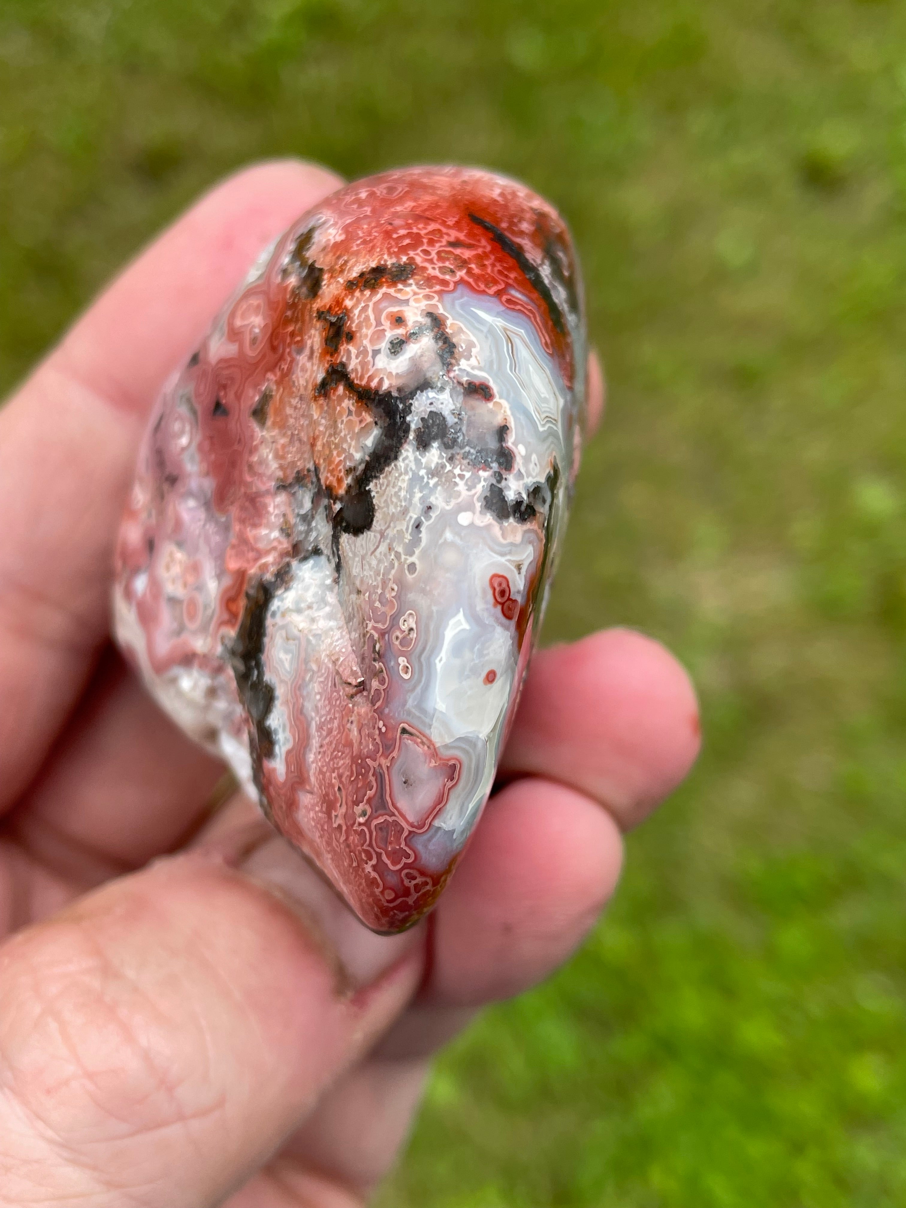 StoneBorn Creations Hand-Polished Lace Agate Freeform with Crimson Fortification Banding, Natural Druzy Cavities, and Intricate Orbicular Patterns