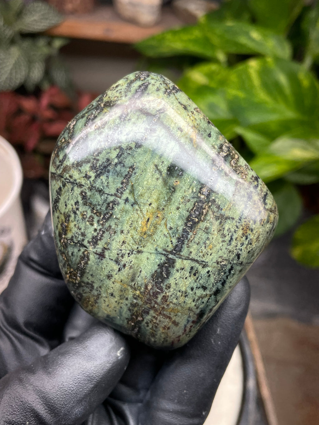 StoneBorn Creations Hand-Polished Vermont Serpentine with Dark Veining, Golden Earth Tones, and Freeform Finish