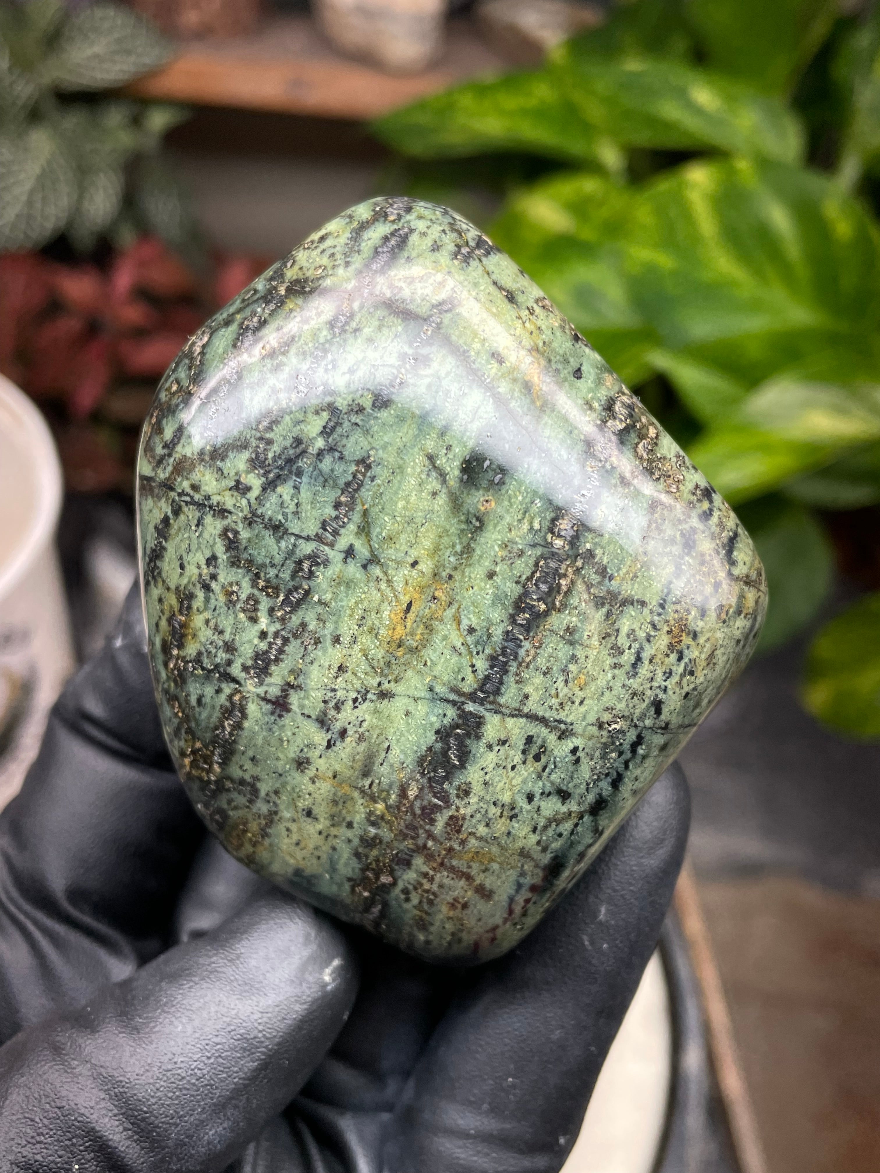 StoneBorn Creations Hand-Polished Vermont Serpentine with Dark Veining, Golden Earth Tones, and Freeform Finish
