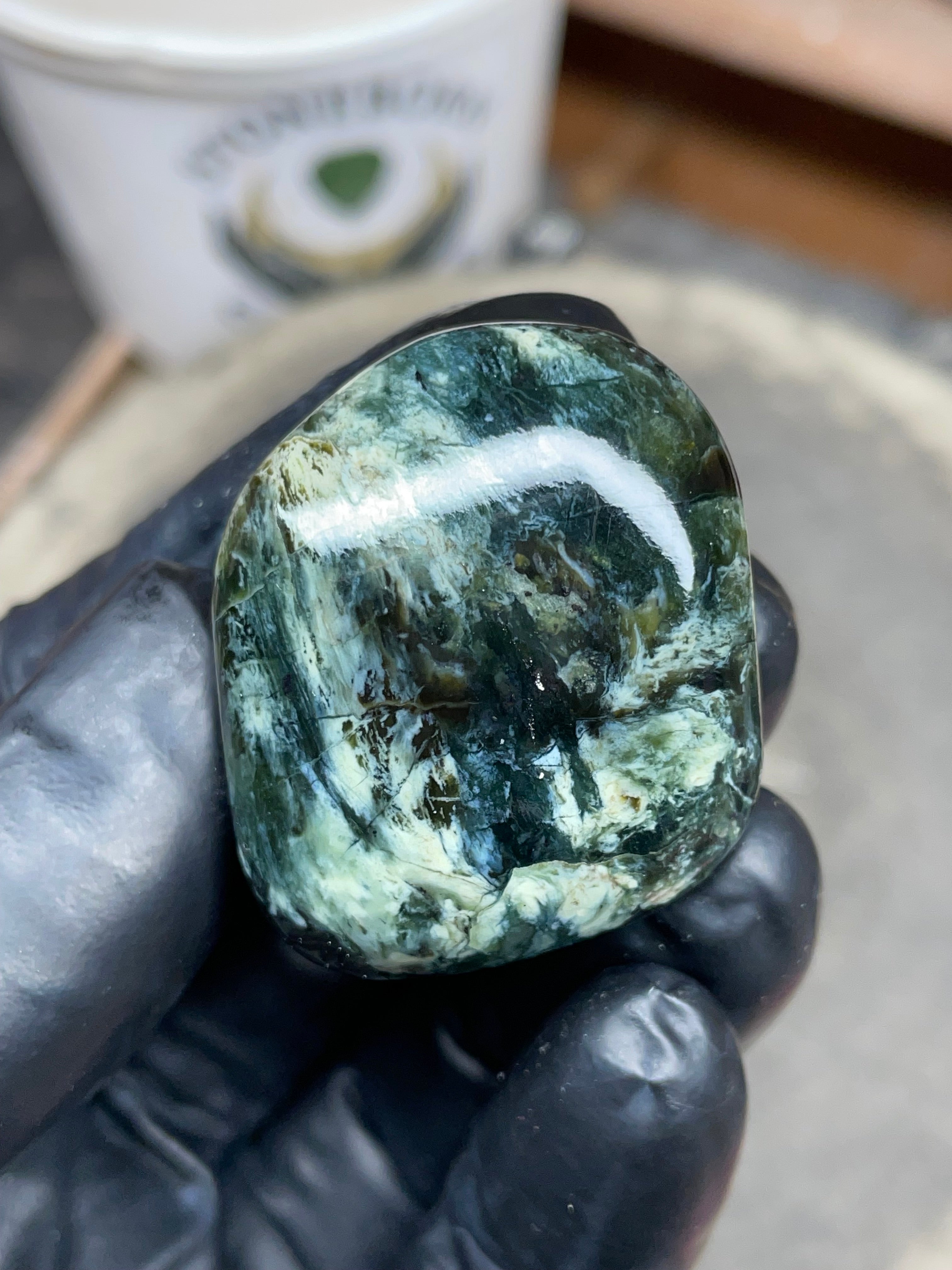 StoneBorn Creations Hand-Polished Vermont Serpentine – Deep Green Natural Patterns – One-of-a-Kind Display Stone