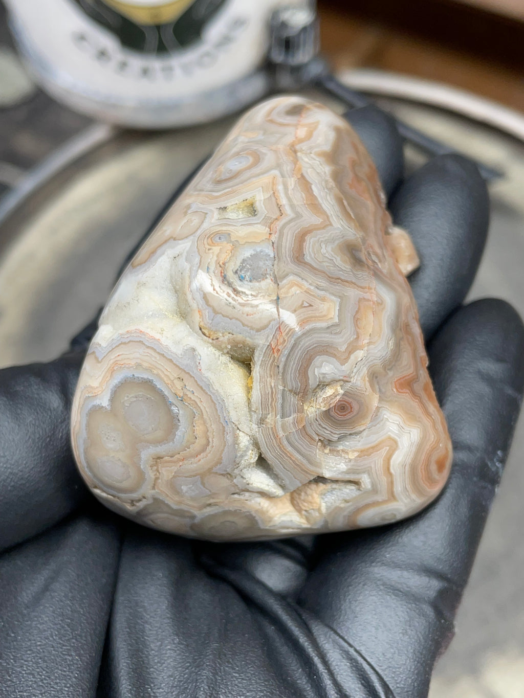 StoneBorn Creations – Hand Polished Georgia Lace Agate with Natural Druzy Crystal Pocket | One-of-a-Kind Display Stone