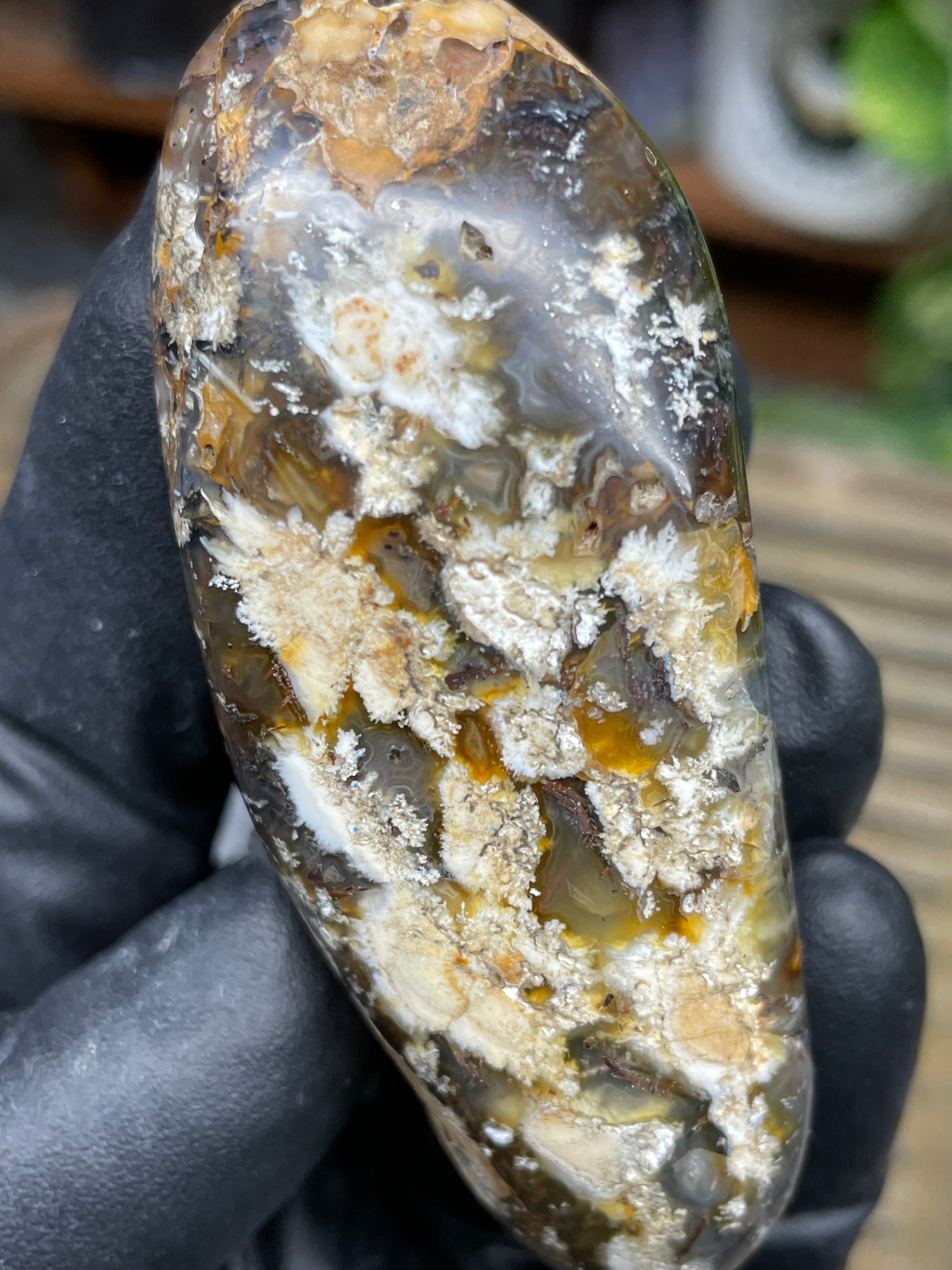 StoneBorn Creations Hand-Polished Trent Agate Freeform with Creamy Plume Inclusions, Druzy Cavities & Earth-Toned Chalcedony