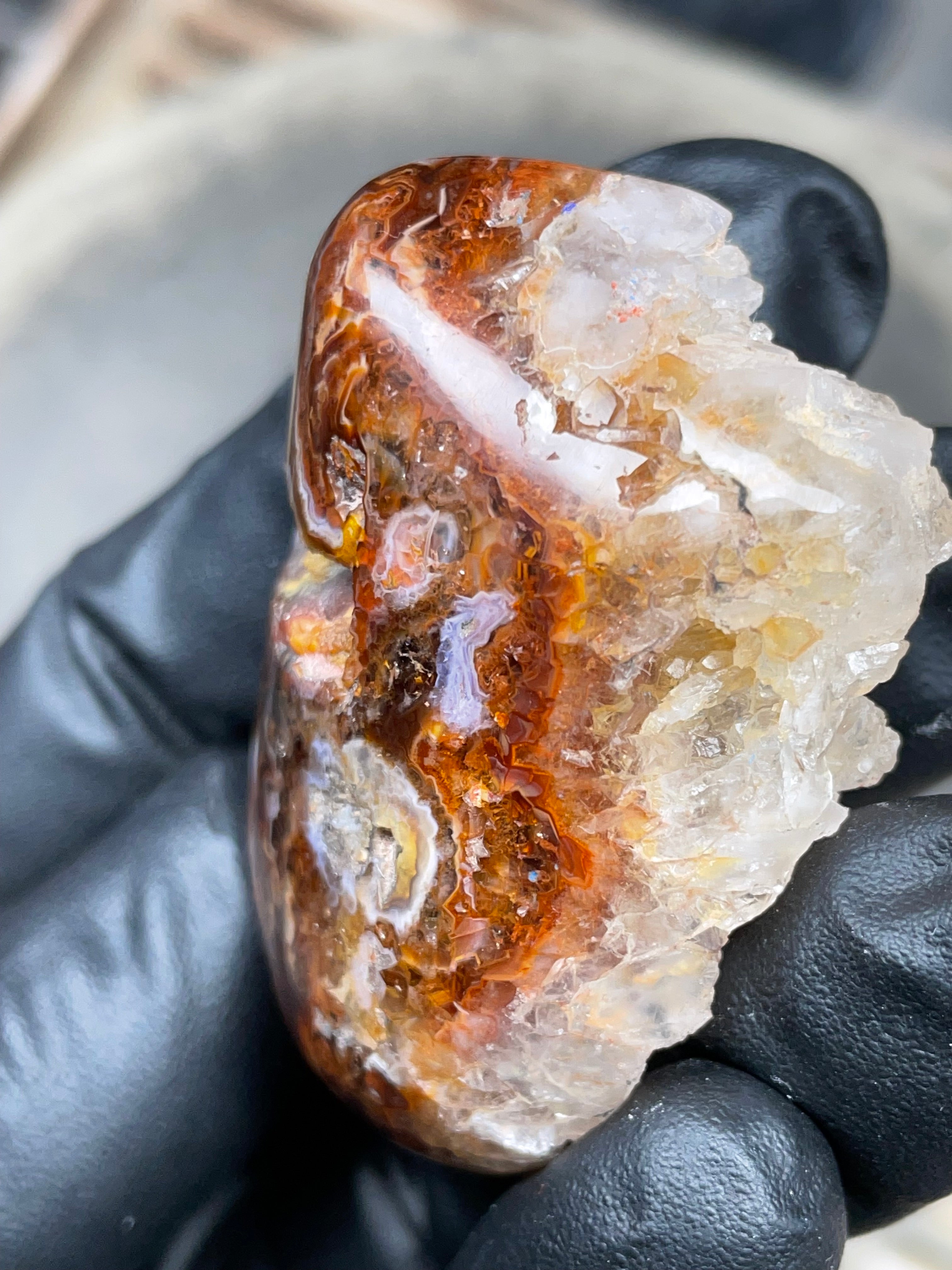 StoneBorn Creations Hand-Polished Fire Agate with Raw Crystal Top – Banded Natural Agate Display Stone