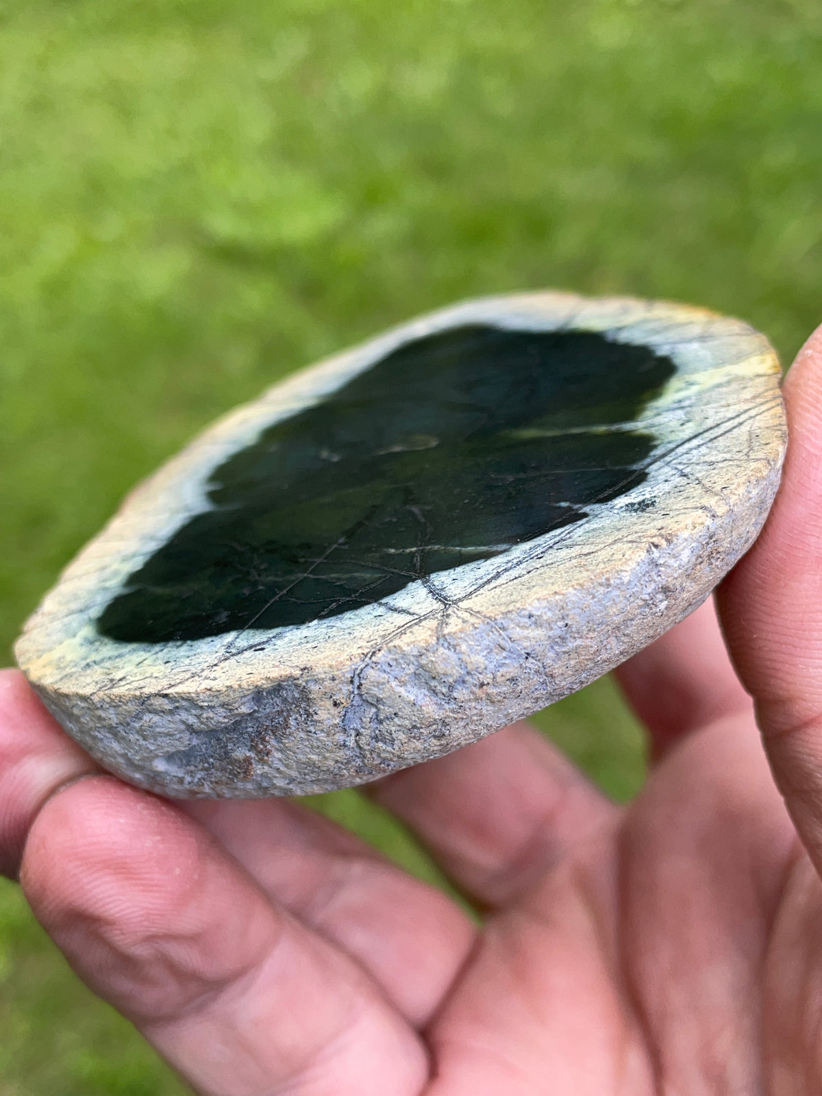 StoneBorn Creations – Hand-Polished Deep Forest Green Stone Pair | Natural Cream Borders & Fine Mineral Veining