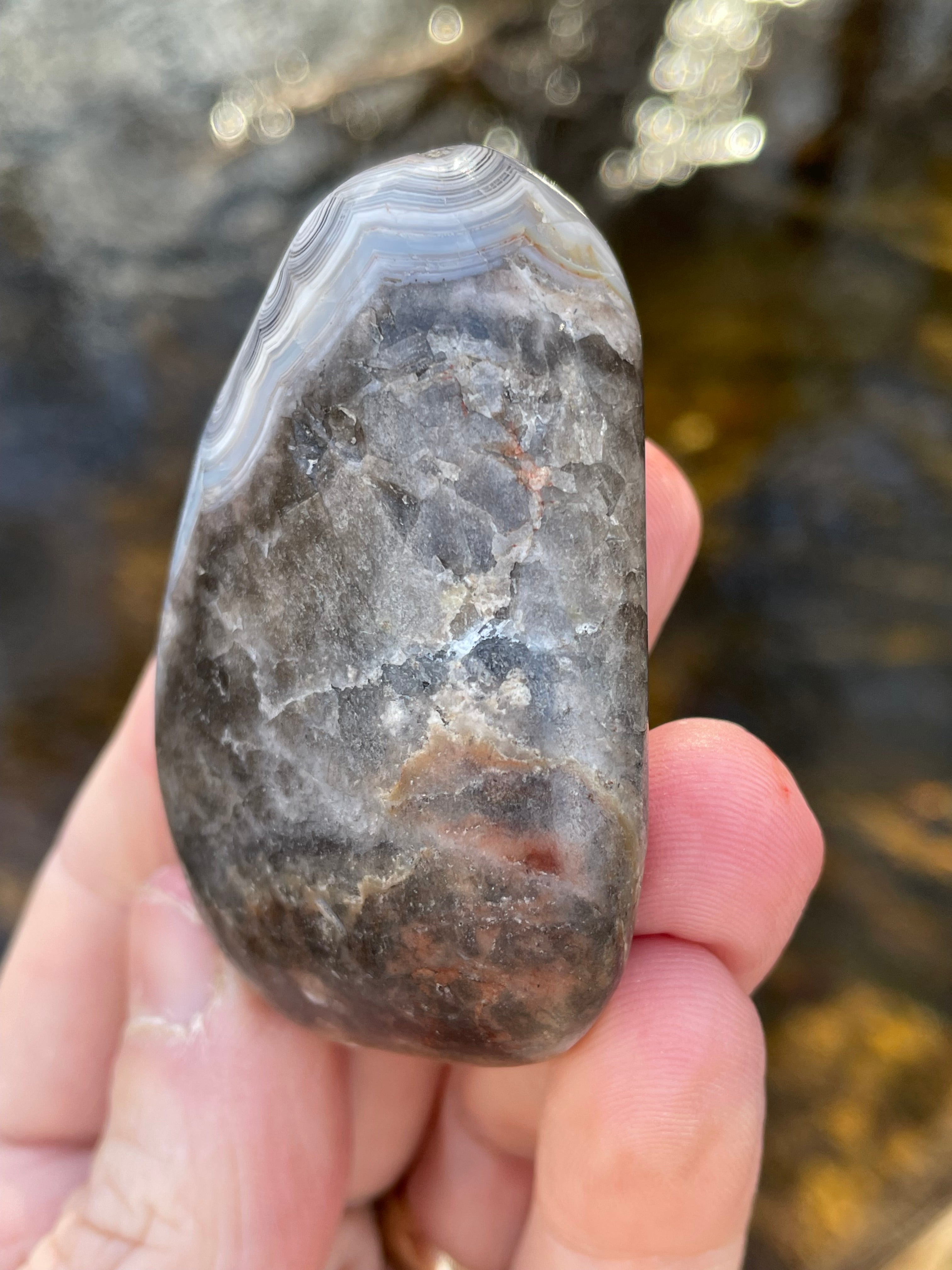 StoneBorn Creations Hand-Polished Banded Agate with Soft Grey Lace Layers Natural Quartz Matrix Freeform Finish