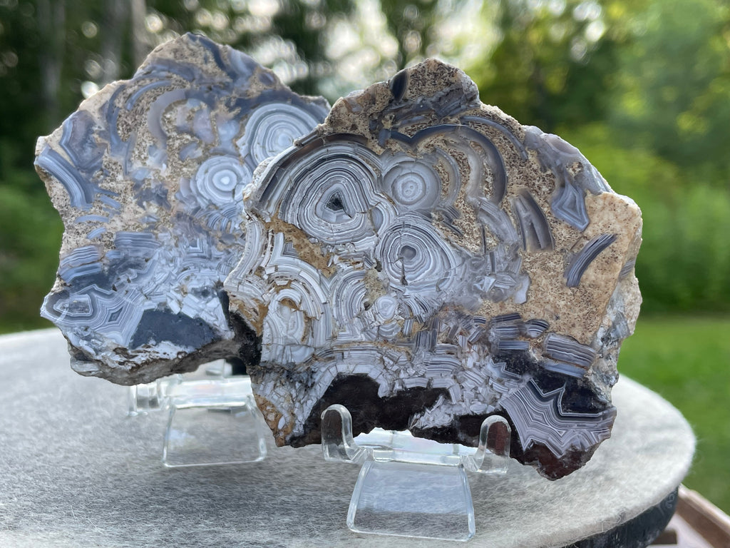 StoneBorn Creations Hand-Polished Tuxedo Lace Agate Bookmatched Pair | One-of-a-Kind Natural Display Stones