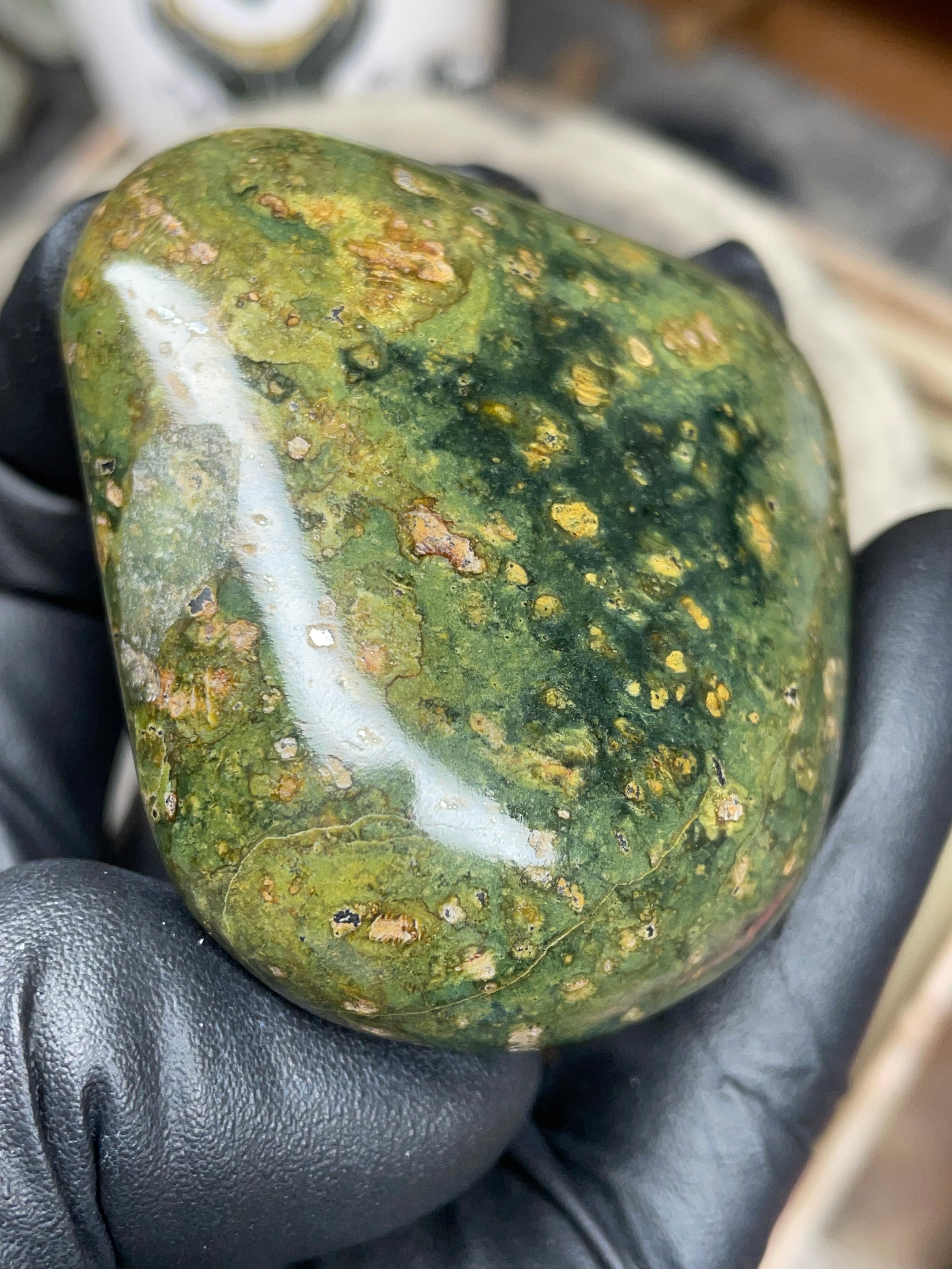 StoneBorn Creations – Hand-Polished Vermont Serpentine | Natural Green Stone with Golden Inclusions | One-of-a-Kind Display Piece