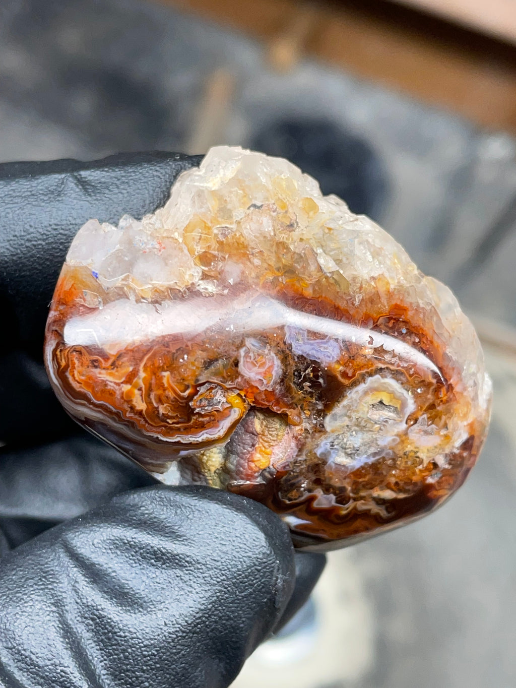 StoneBorn Creations Hand-Polished Fire Agate with Raw Crystal Top – Banded Natural Agate Display Stone