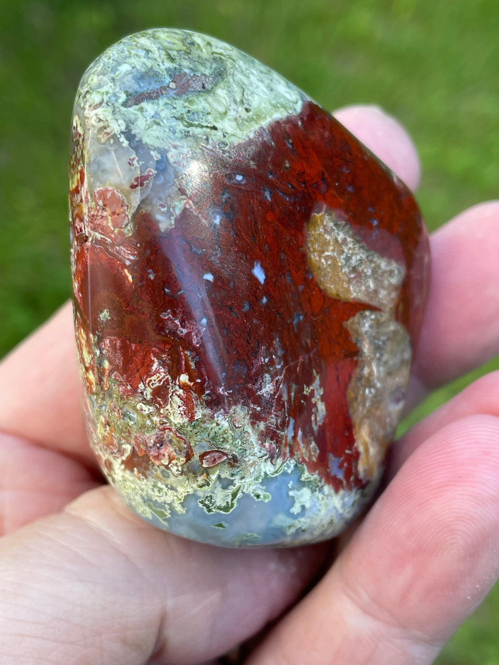 StoneBorn Creations Hand-Polished Agate Freeform with Blue Chalcedony, Deep Red Jasper Inclusions and Green Mossy Matrix