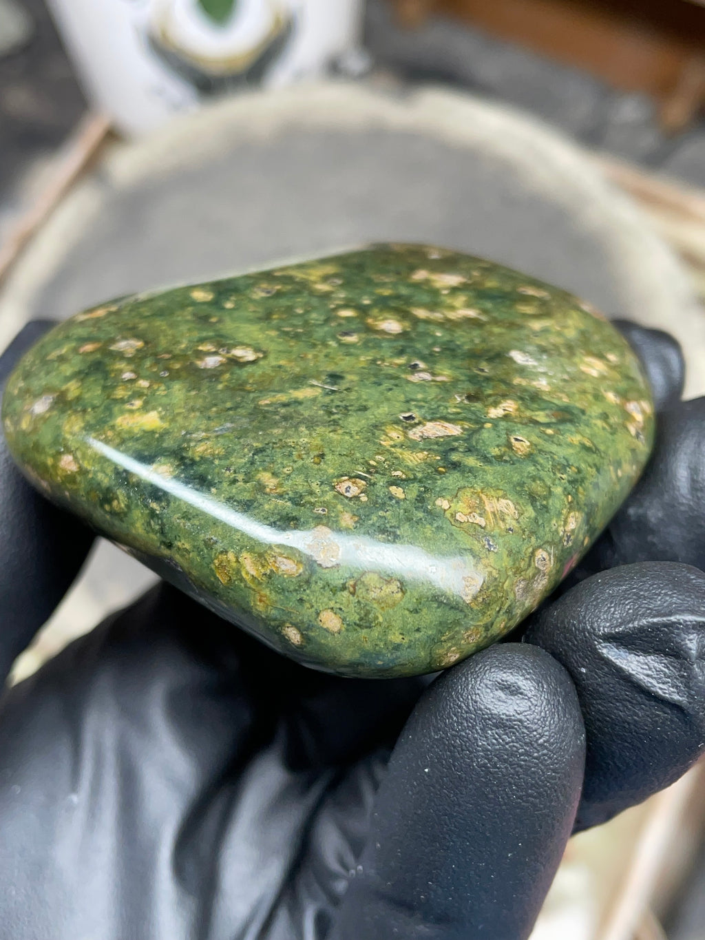 StoneBorn Creations – Hand-Polished Vermont Serpentine | Natural Green Stone with Golden Inclusions | One-of-a-Kind Display Piece