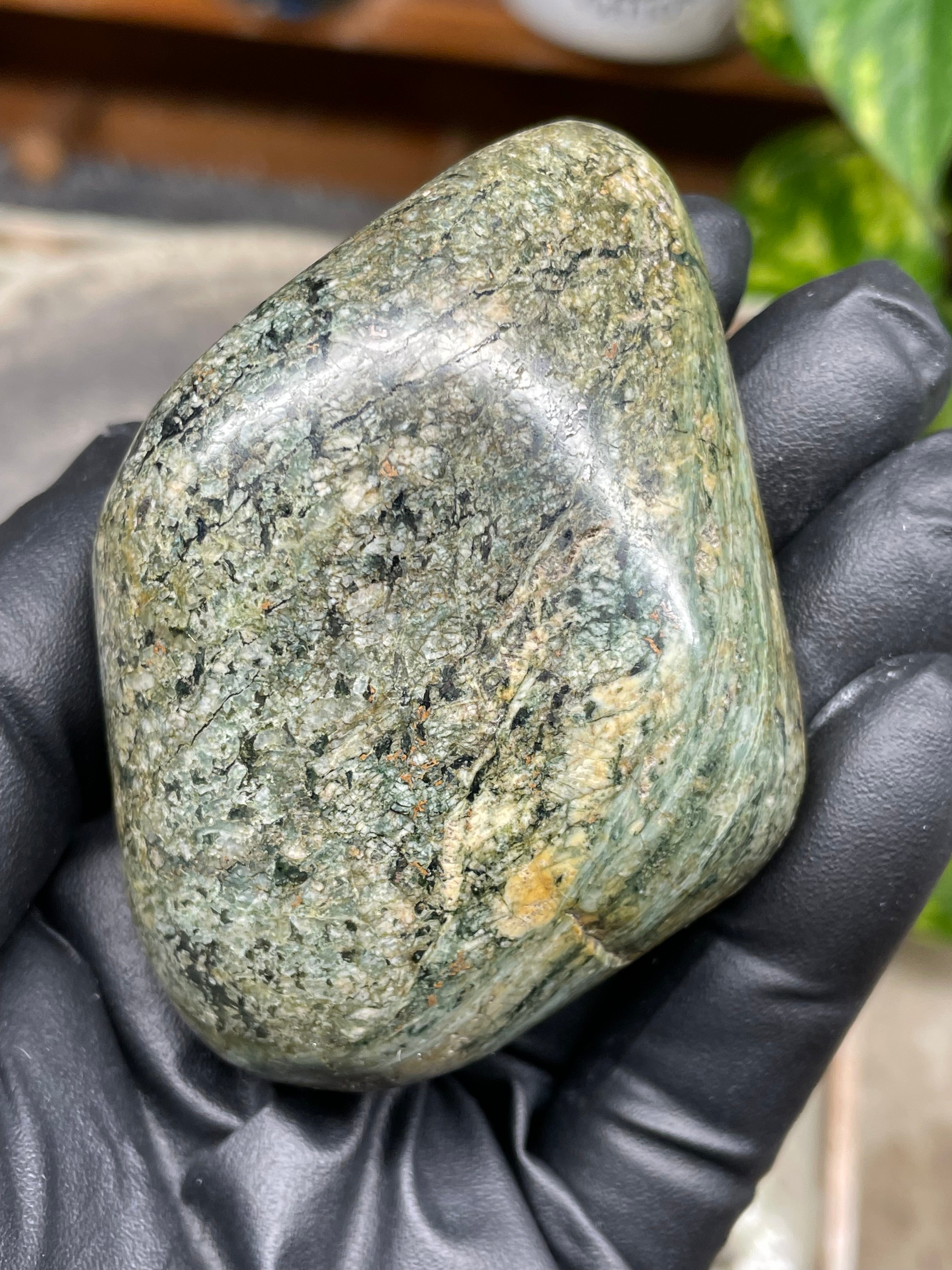 StoneBorn Creations Hand-Polished Vermont River Stone Freeform | Natural Green Mineral Texture Display Stone