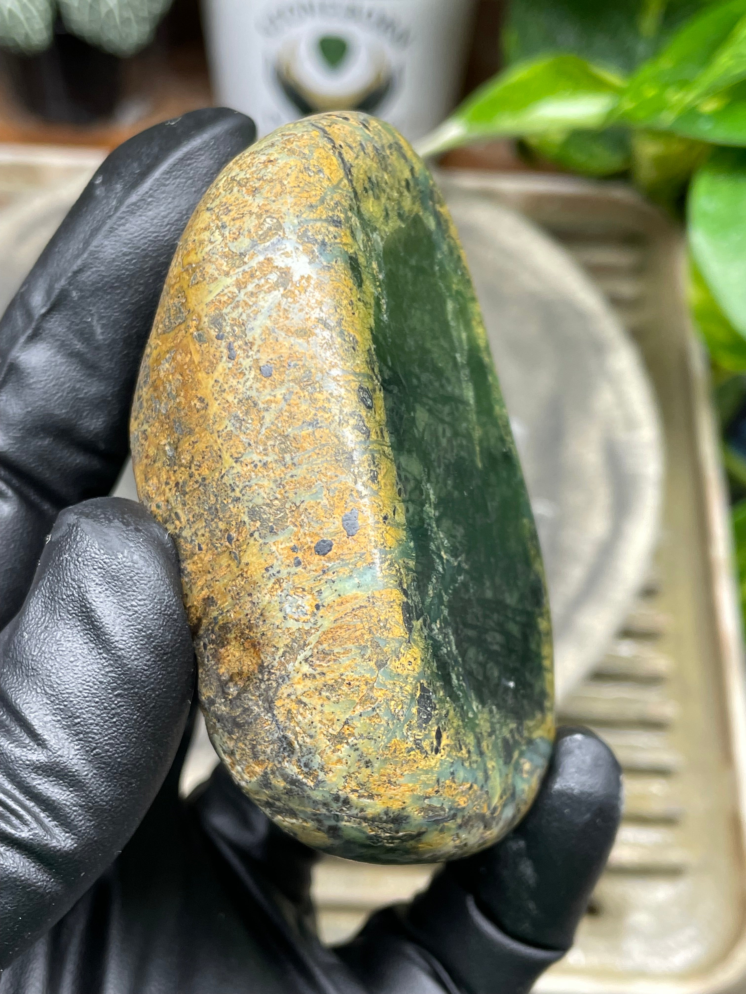 StoneBorn Creations Hand-Polished Vermont River Stone Pair – Rounded Freeform Halves with Natural Raw Backs & Deep Green Interior Patterns