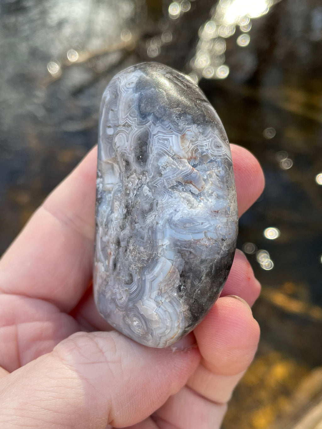StoneBorn Creations Hand-Polished Banded Agate with Soft Grey Lace Layers Natural Quartz Matrix Freeform Finish