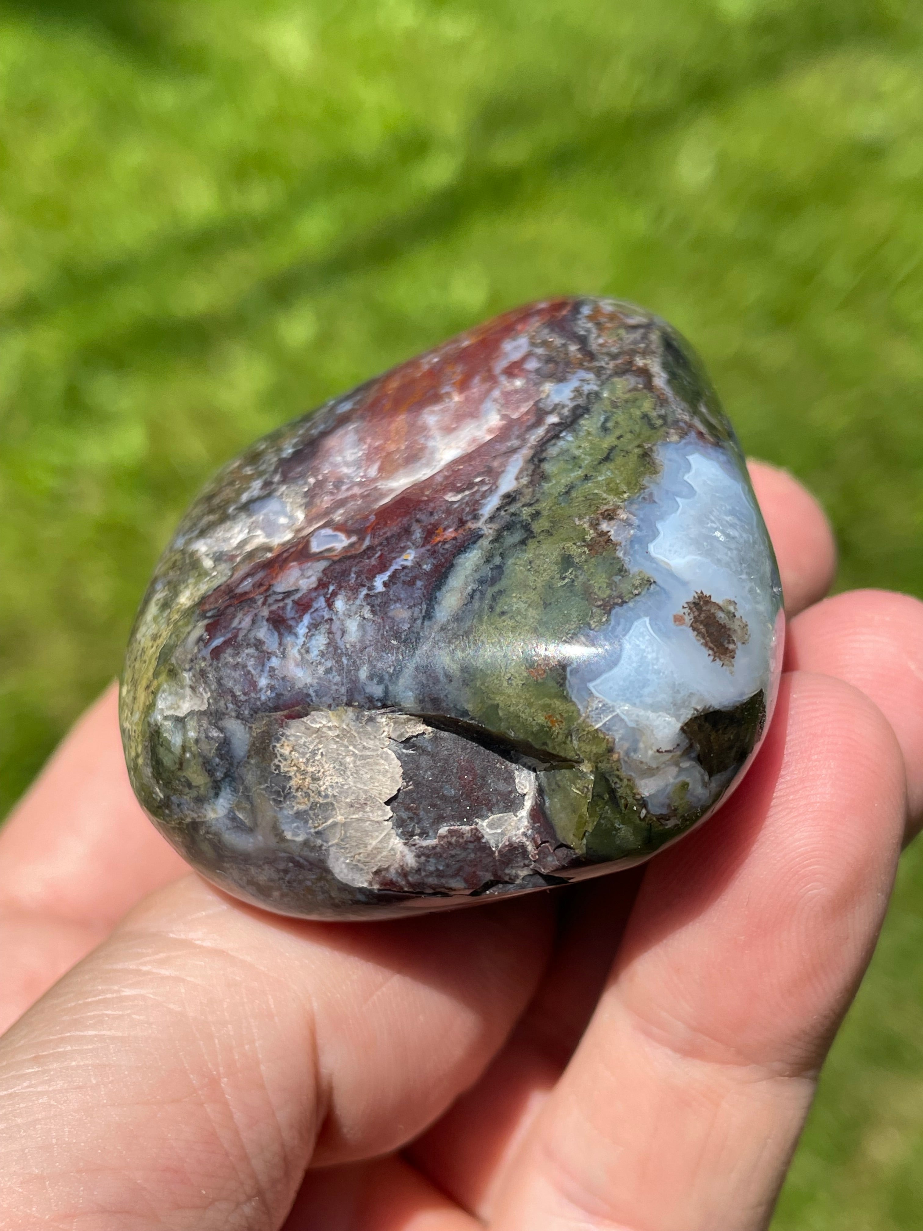 StoneBorn Creations Hand-Polished Green Serpentine & Red Jasper Freeform with Blue Chalcedony Pockets