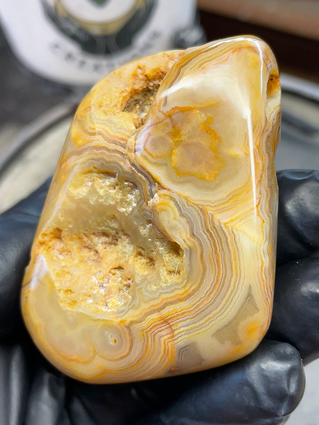 StoneBorn Creations – Crowley Ridge Agate w/ Golden Lace Banding & Natural Druzy Pockets (Hand-Polished)