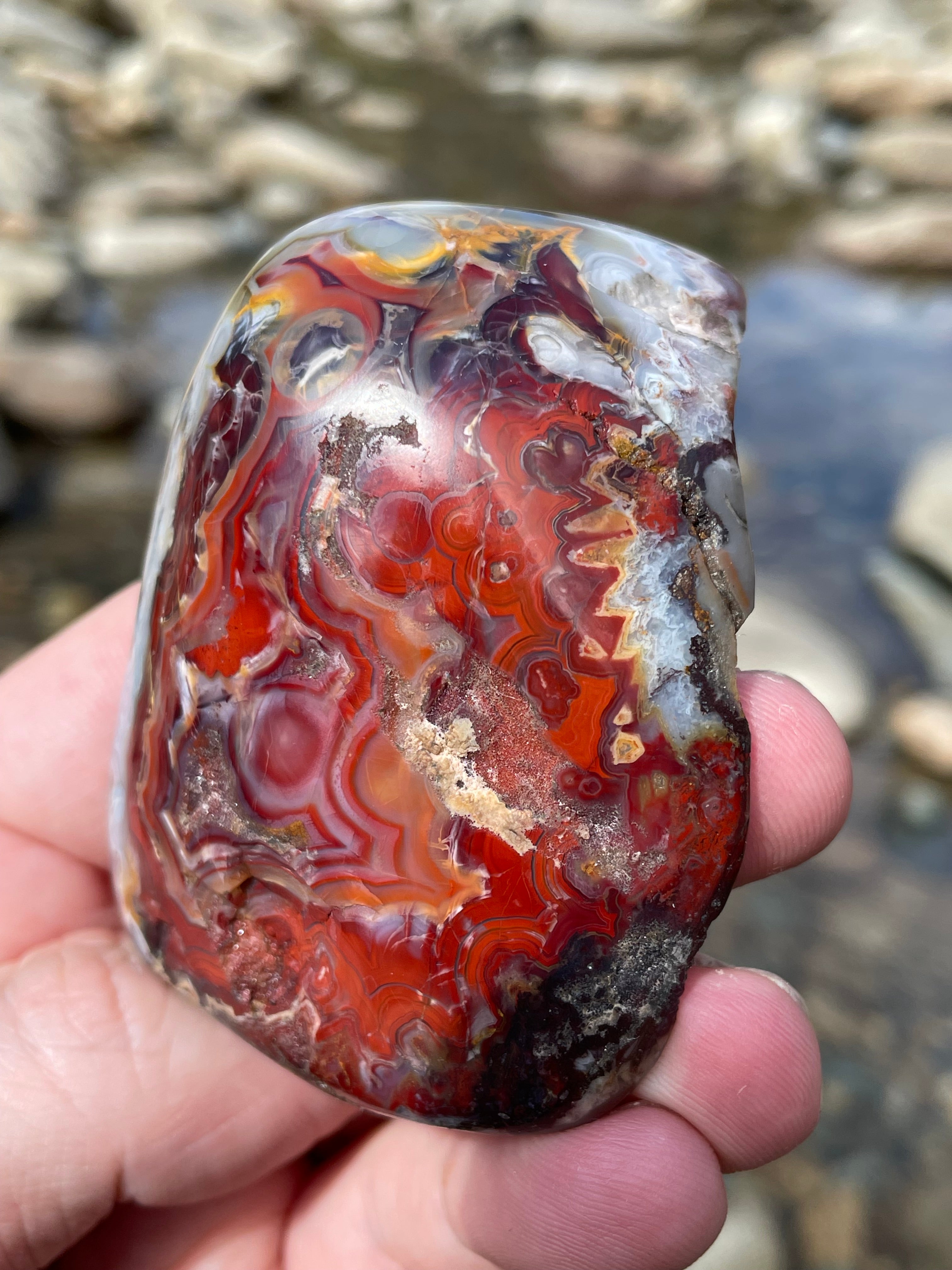 StoneBorn Creations Hand Polished Lace Agate Freeform with Fiery Crimson Banding and Natural Raw Backing