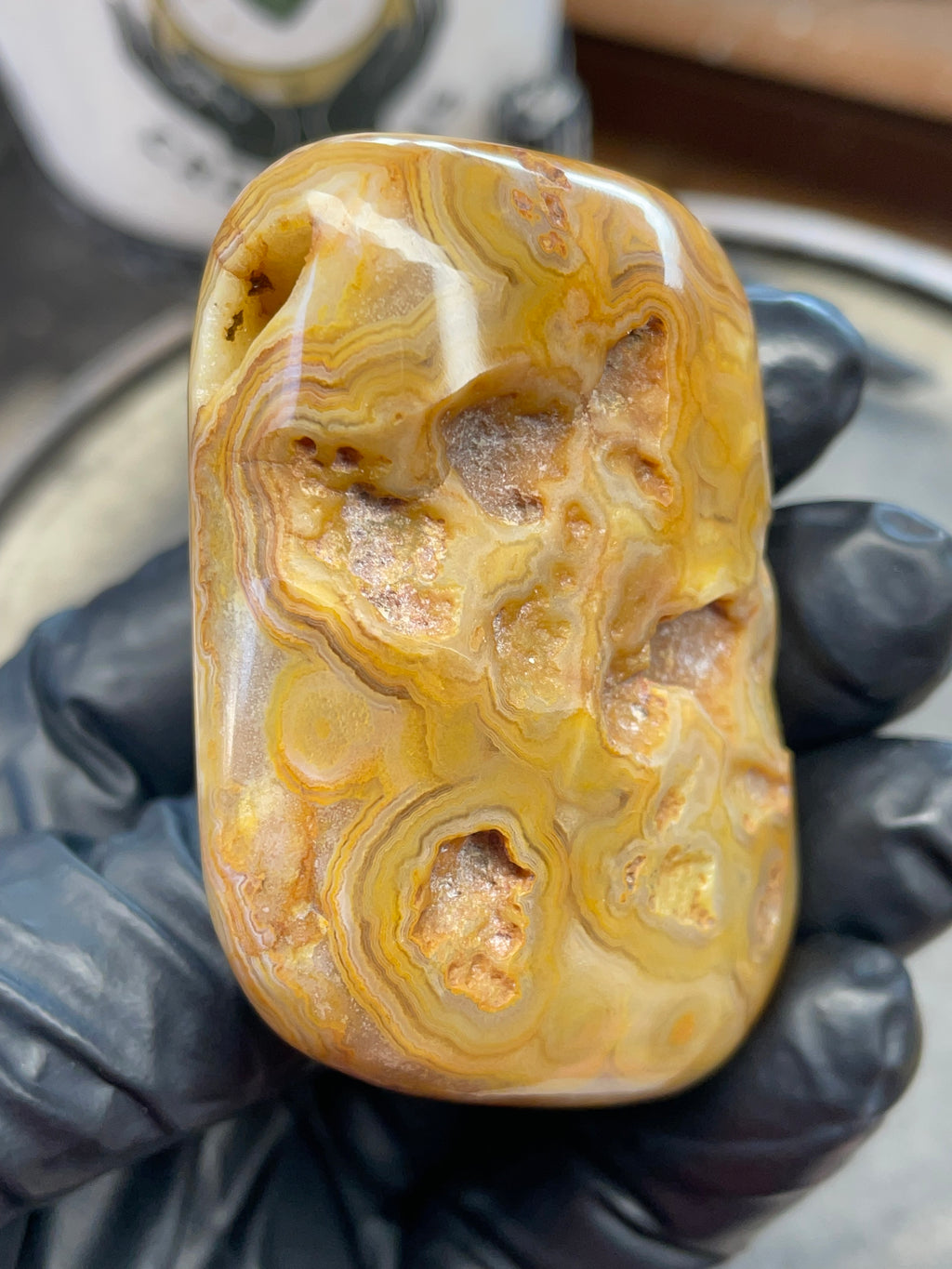 StoneBorn Creations – Crowley Ridge Agate w/ Golden Lace Banding & Natural Druzy Pockets (Hand-Polished)
