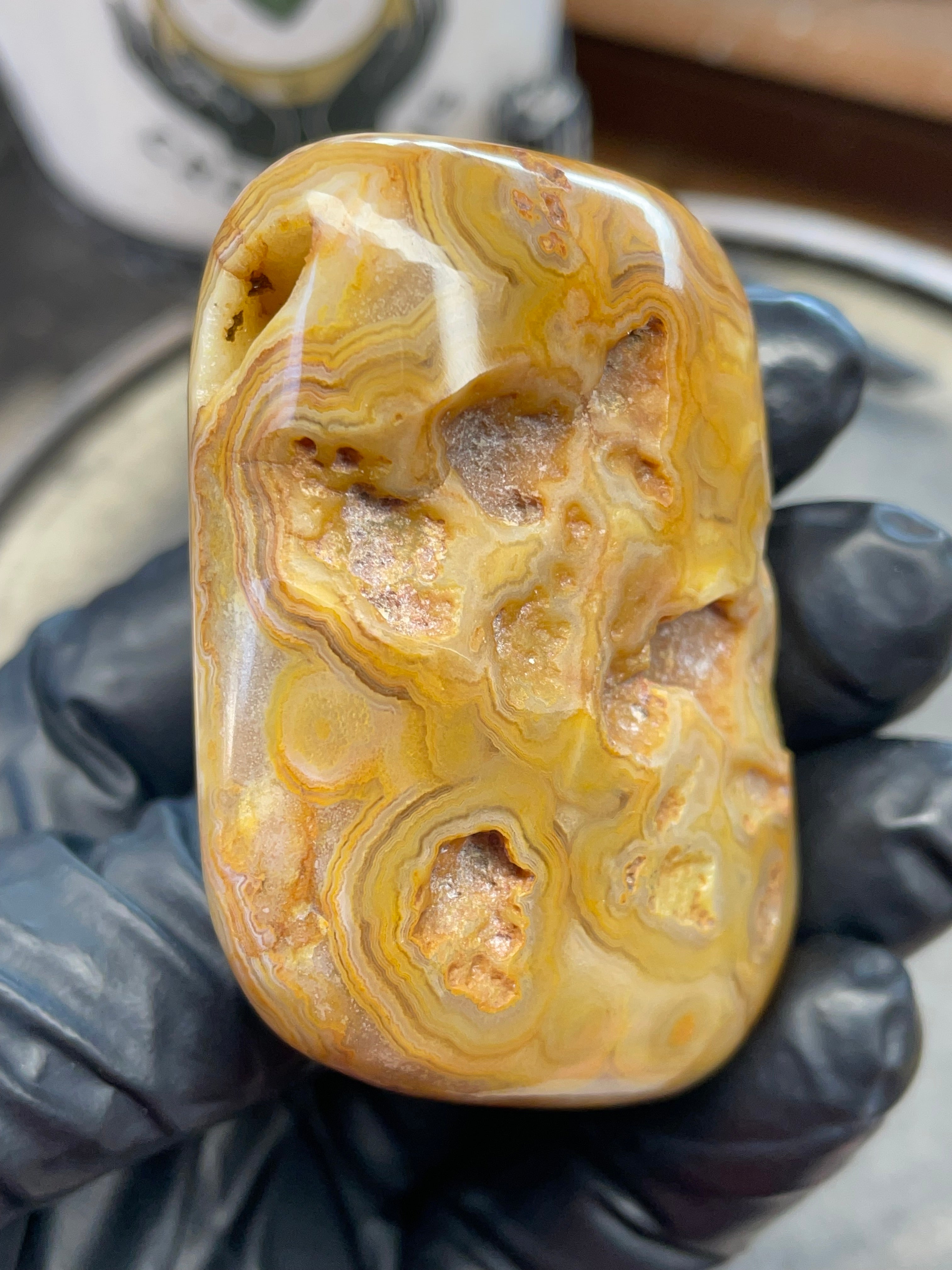 StoneBorn Creations – Crowley Ridge Agate w/ Golden Lace Banding & Natural Druzy Pockets (Hand-Polished)