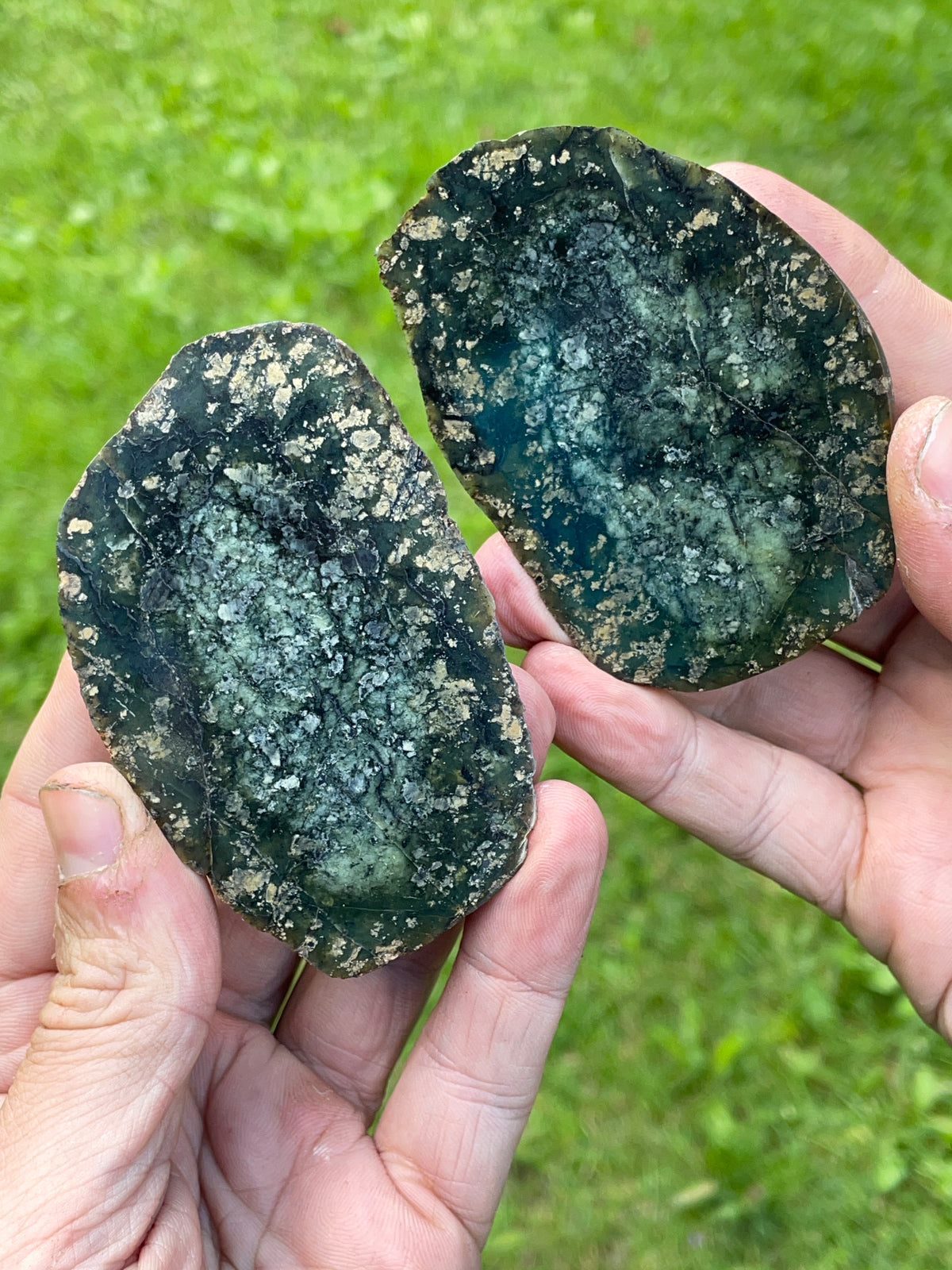 StoneBorn Creations – Dark Green Serpentine Matching Stone Pair | Natural Mineral Patterns & Earthy Green Interior