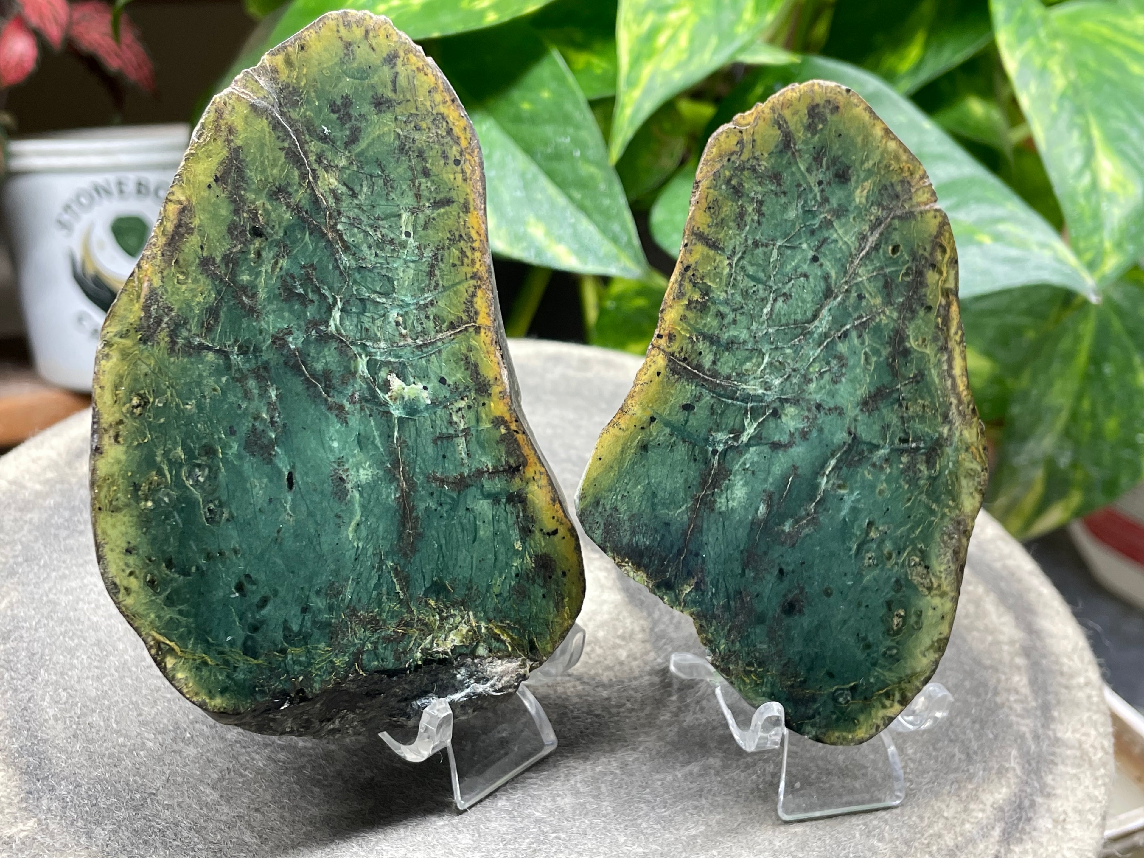 StoneBorn Creations Hand-Polished Vermont Greenstone Pair – Deep Emerald Interior Freeform Halves with Natural Earthy Matrix
