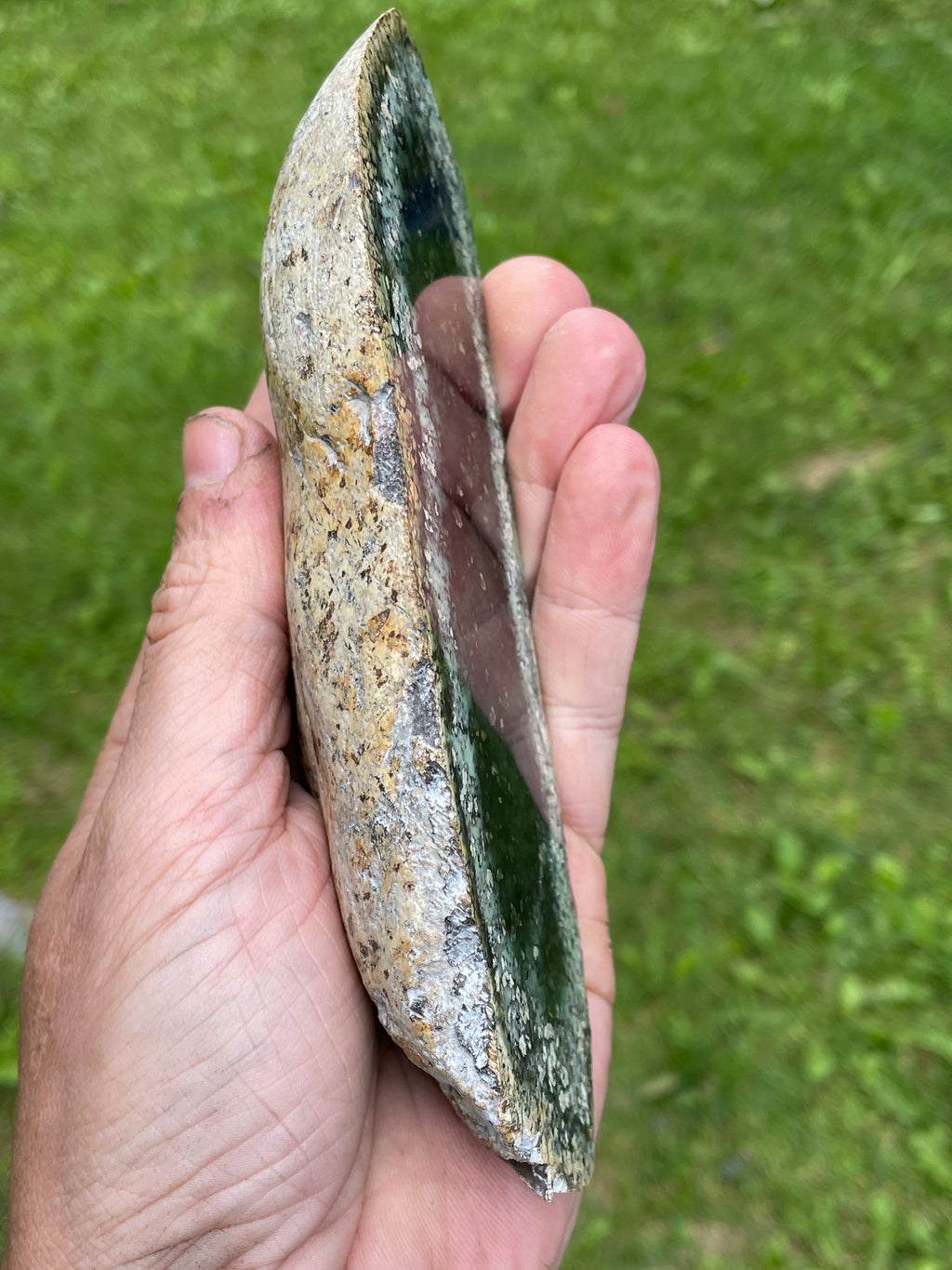 StoneBorn Creations – Deep Forest Green Serpentine Display Stone | Natural Polished Face with Black & Sage Green Mineral Patterns