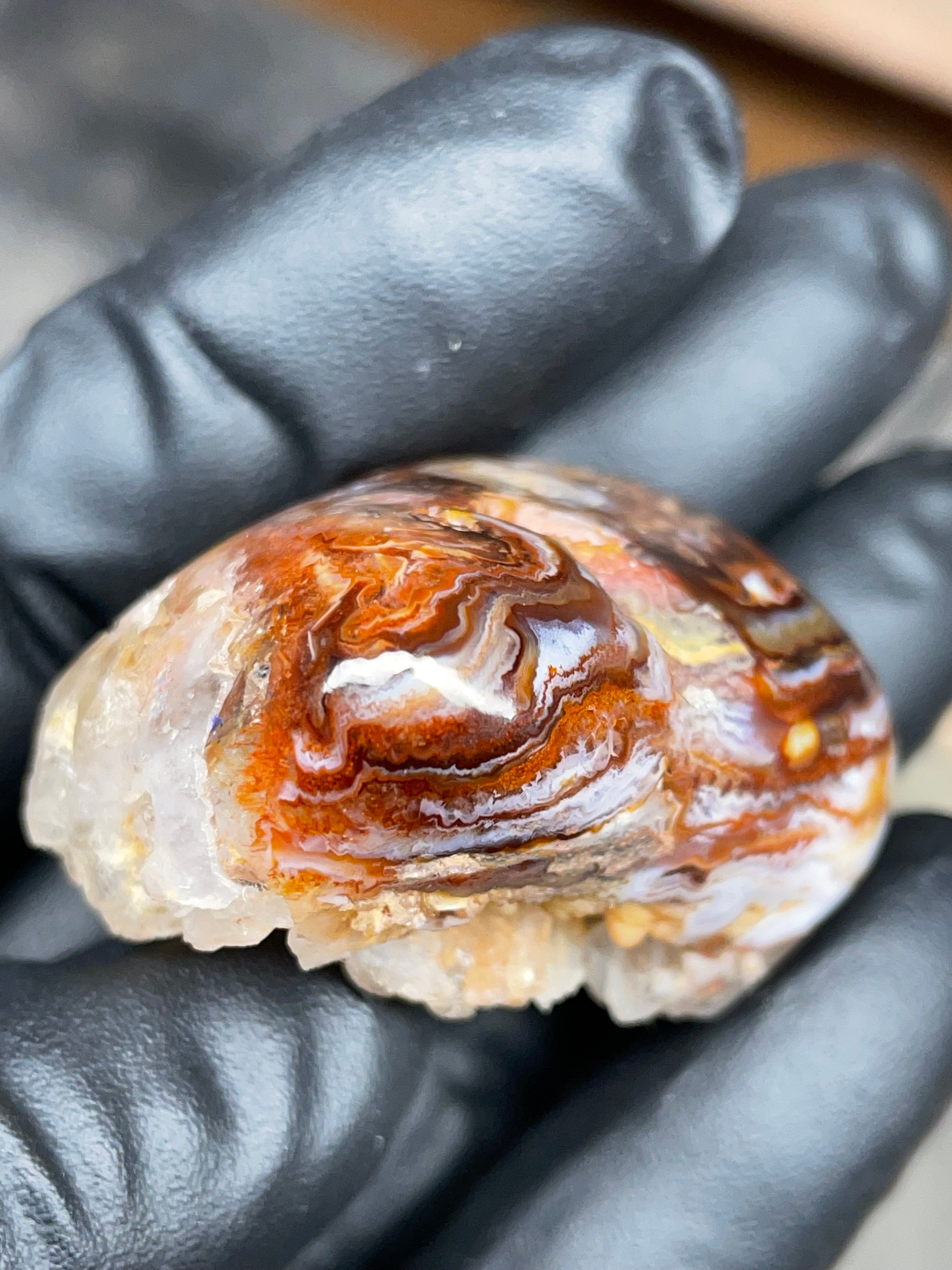 StoneBorn Creations Hand-Polished Fire Agate with Raw Crystal Top – Banded Natural Agate Display Stone