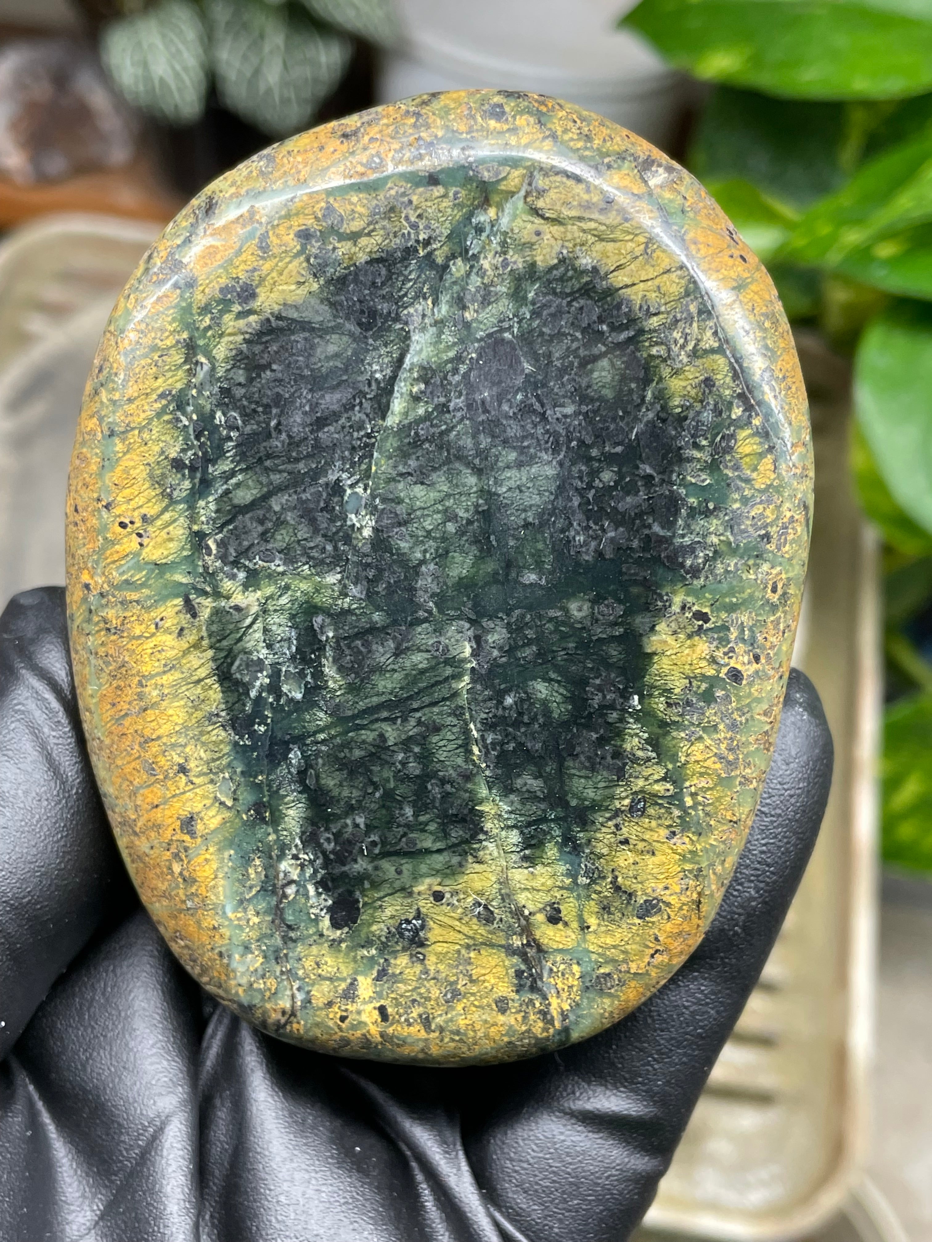 StoneBorn Creations Hand-Polished Vermont River Stone Pair – Rounded Freeform Halves with Natural Raw Backs & Deep Green Interior Patterns