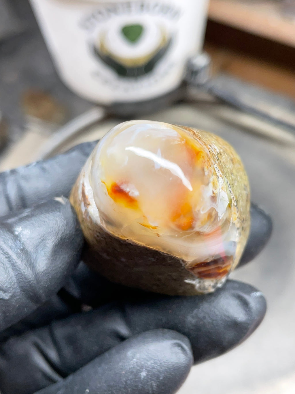 StoneBorn Creations Hand-Shaped Fire Agate with Natural Banding and Raw Matrix Base