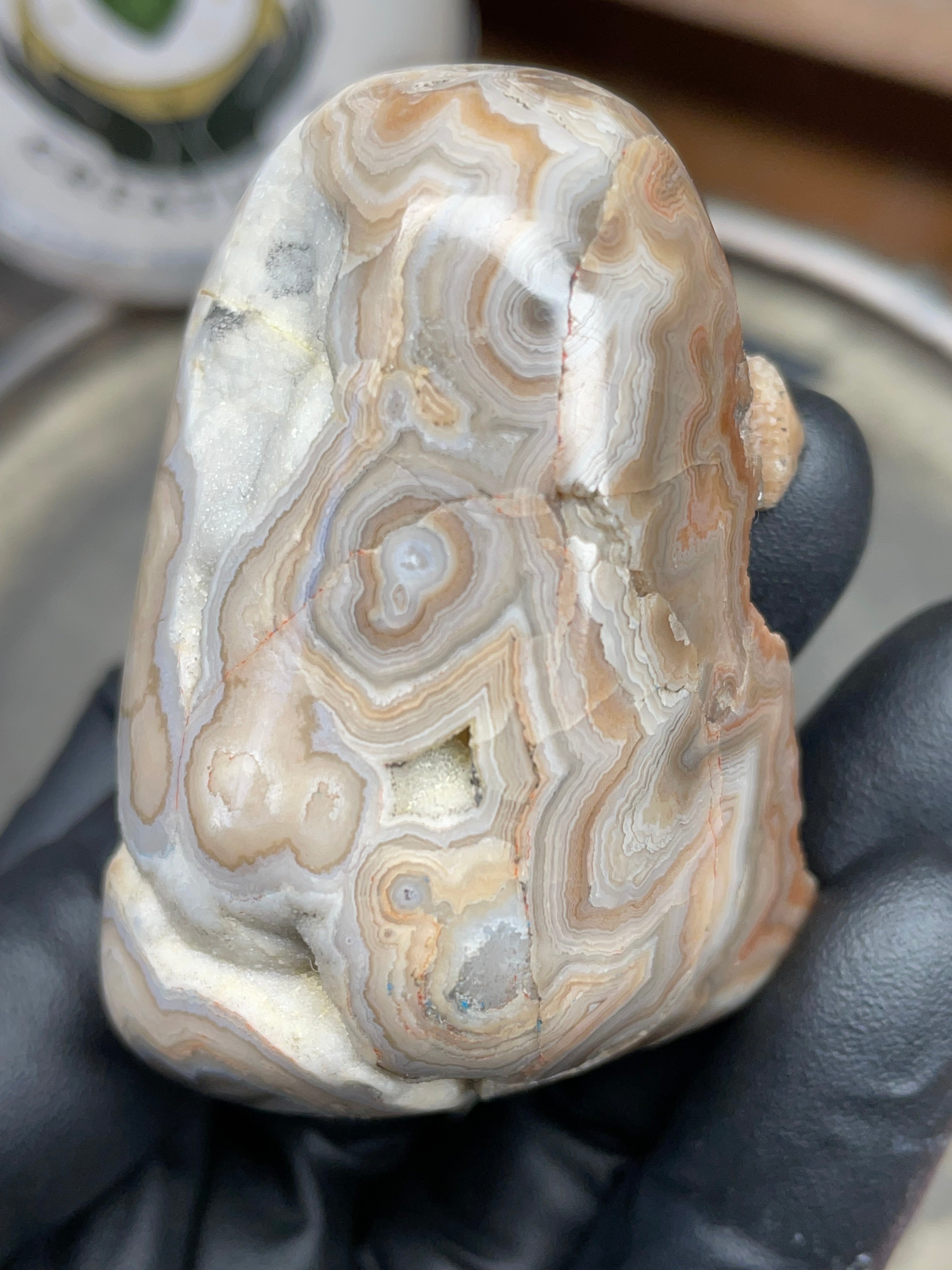 StoneBorn Creations – Hand Polished Georgia Lace Agate with Natural Druzy Crystal Pocket | One-of-a-Kind Display Stone