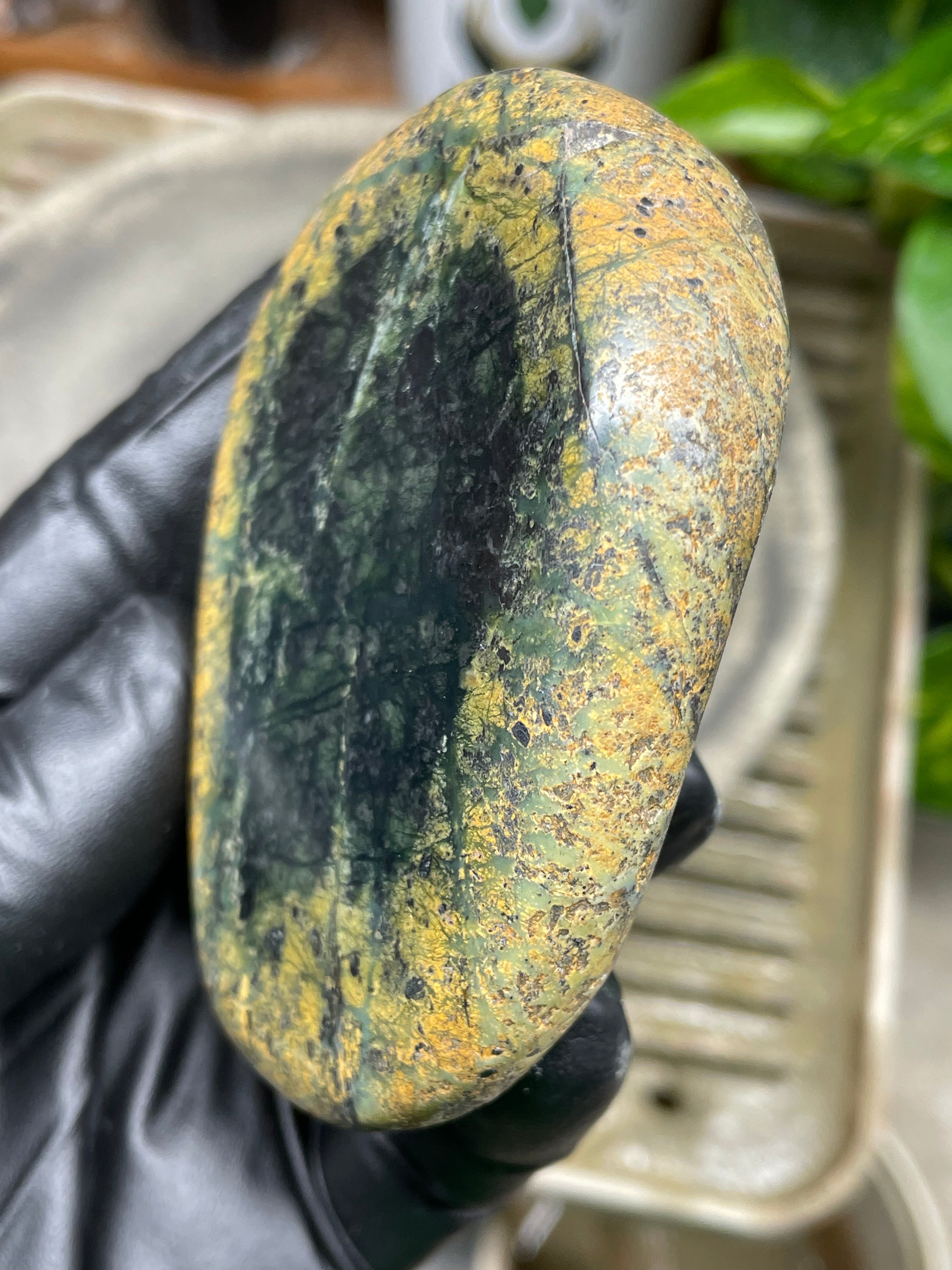 StoneBorn Creations Hand-Polished Vermont River Stone Pair – Rounded Freeform Halves with Natural Raw Backs & Deep Green Interior Patterns