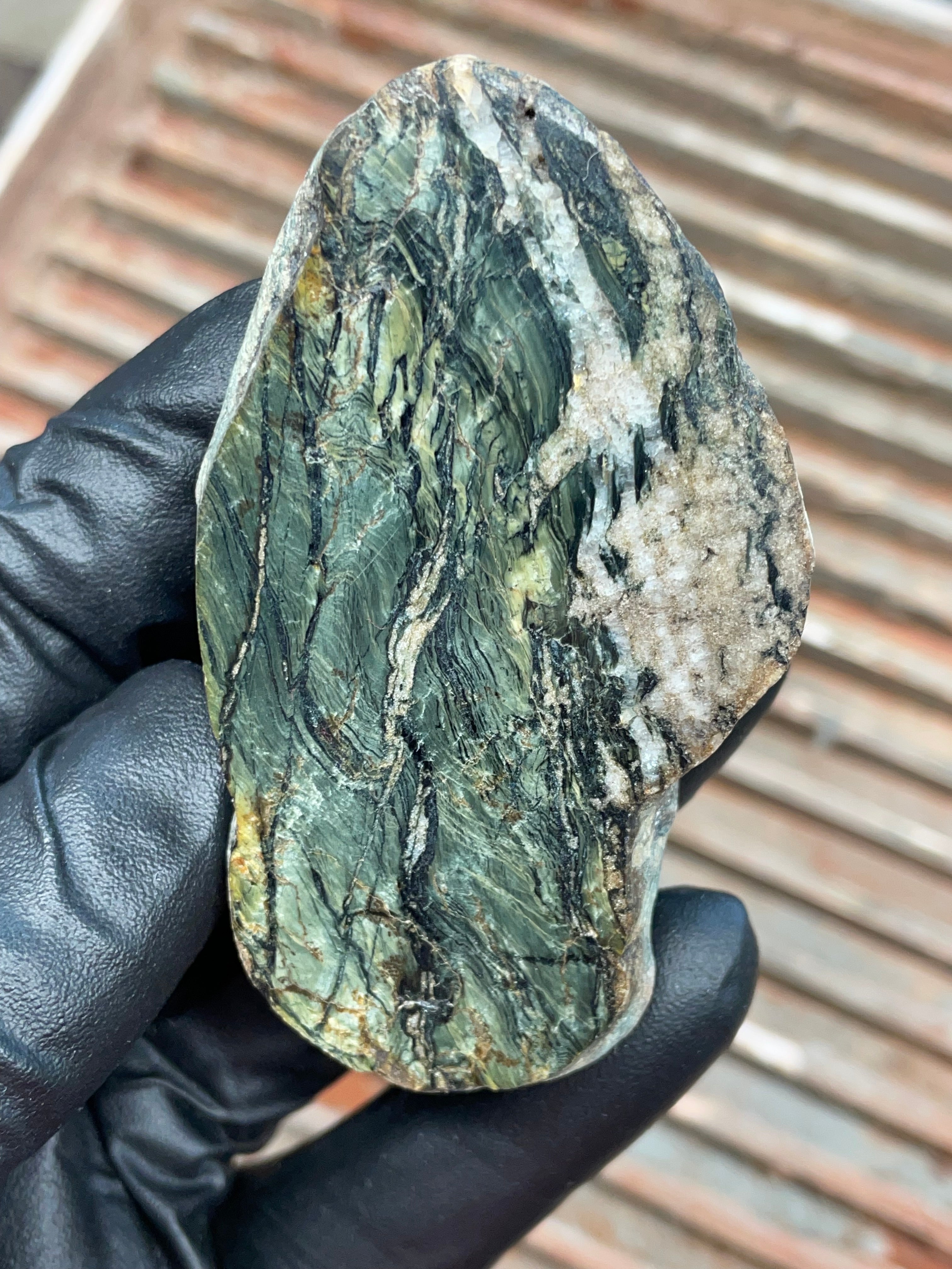 StoneBorn Creations | Polished Vermont Greenstone Slab — Flowing Forest Bands + Quartz Seam