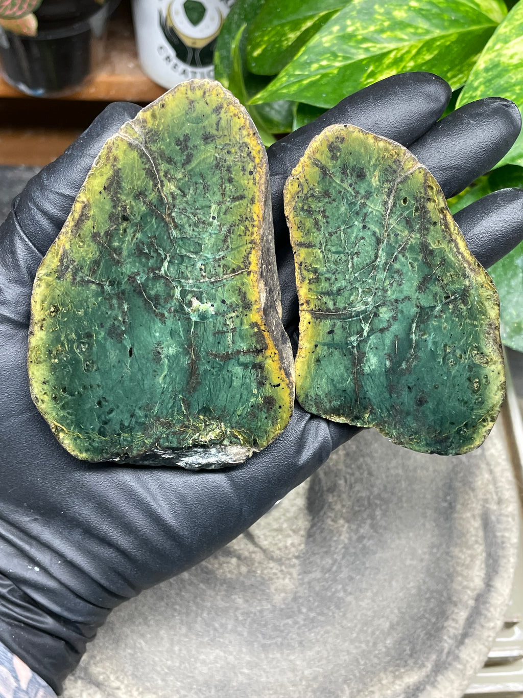 StoneBorn Creations Hand-Polished Vermont Greenstone Pair – Deep Emerald Interior Freeform Halves with Natural Earthy Matrix