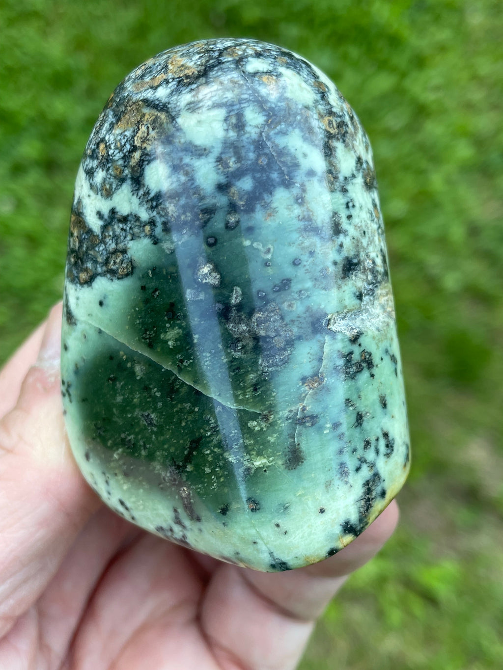 StoneBorn Creations Hand-Polished Green Serpentine Freeform with Deep Forest Green Pocket, Golden Matrix, and Natural Black Mineral Inclusions