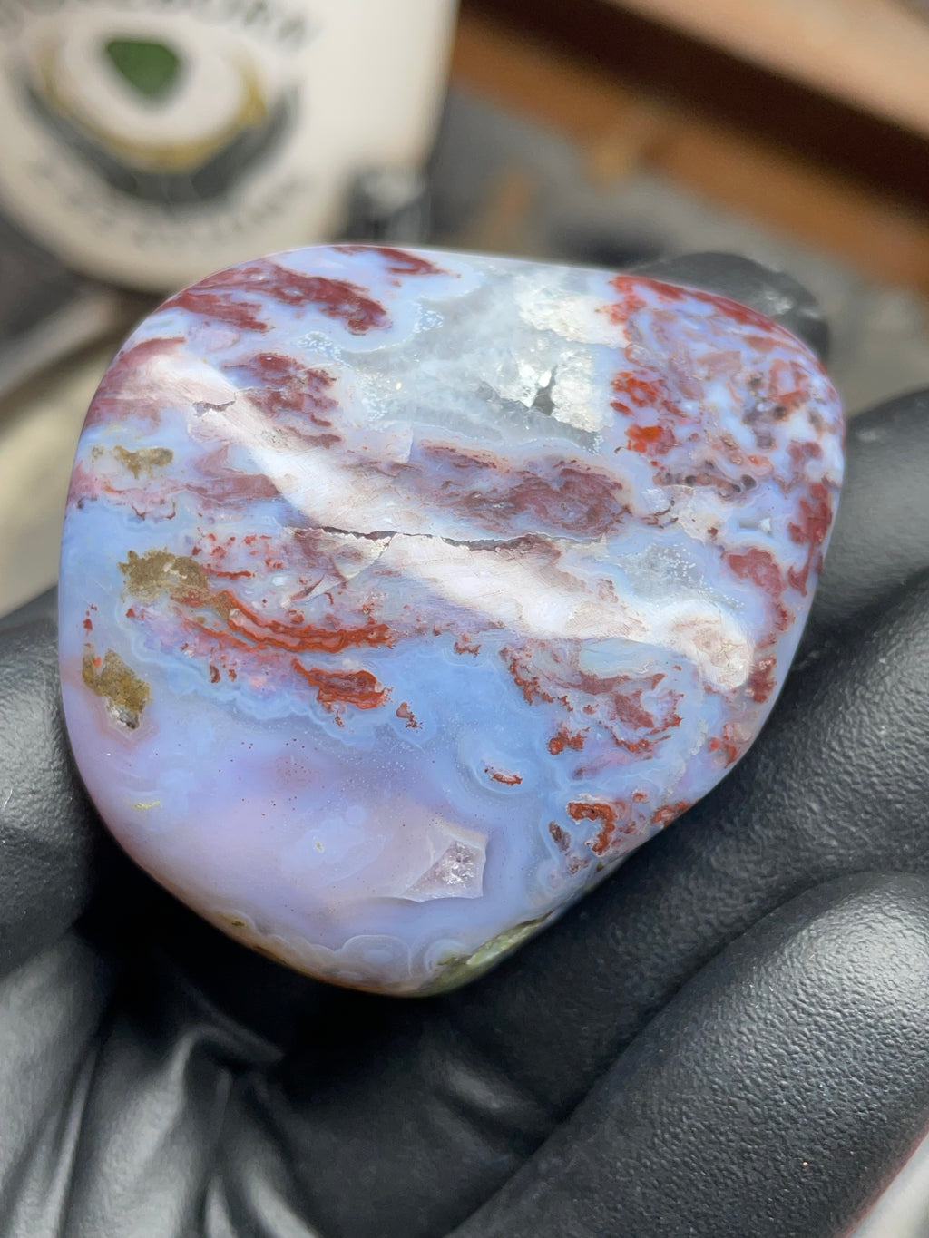 StoneBorn Creations – Hand-Polished Blue Lace Agate with Red Plume Inclusions & Natural Druzy