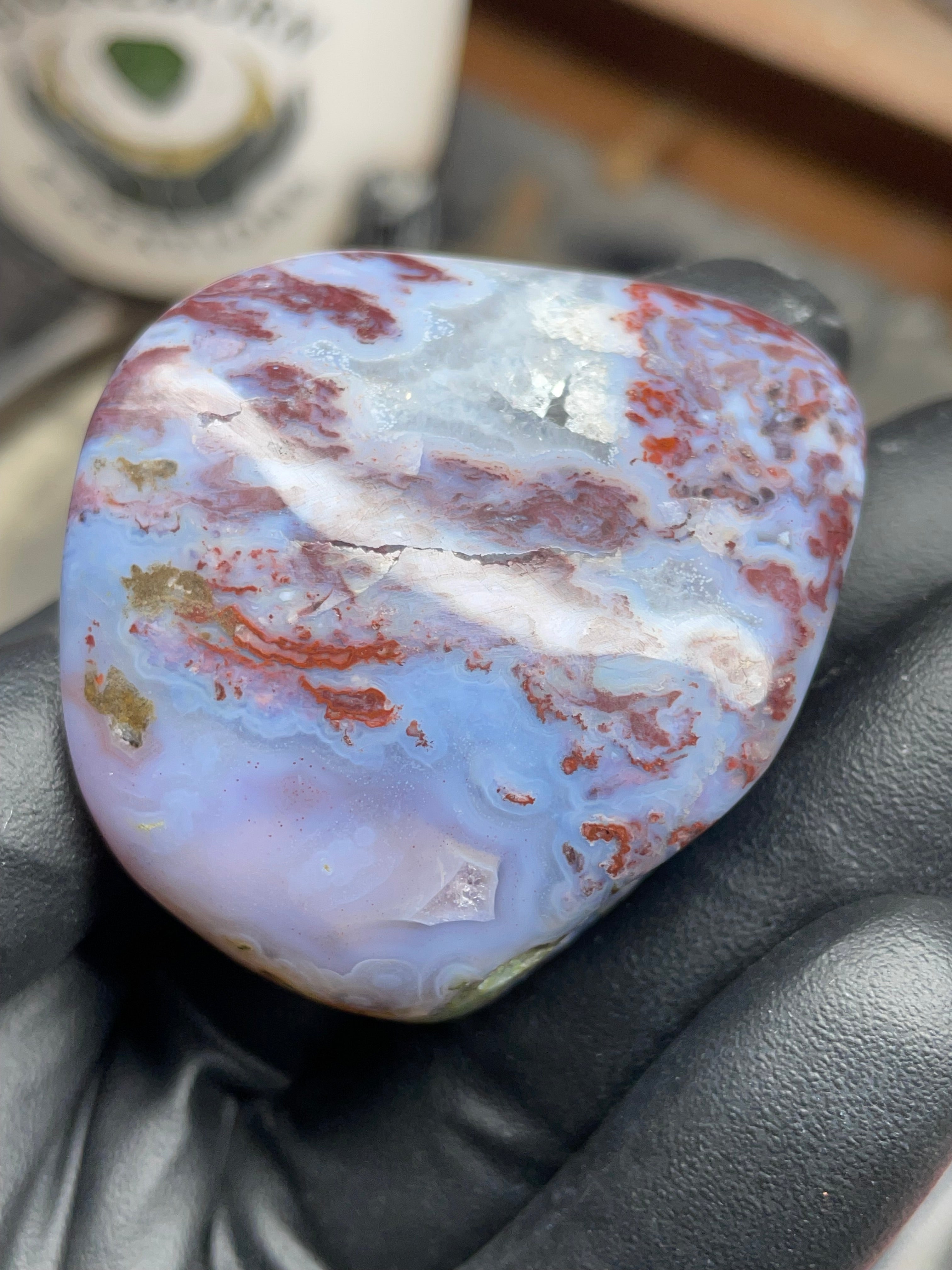 StoneBorn Creations – Hand-Polished Blue Lace Agate with Red Plume Inclusions & Natural Druzy