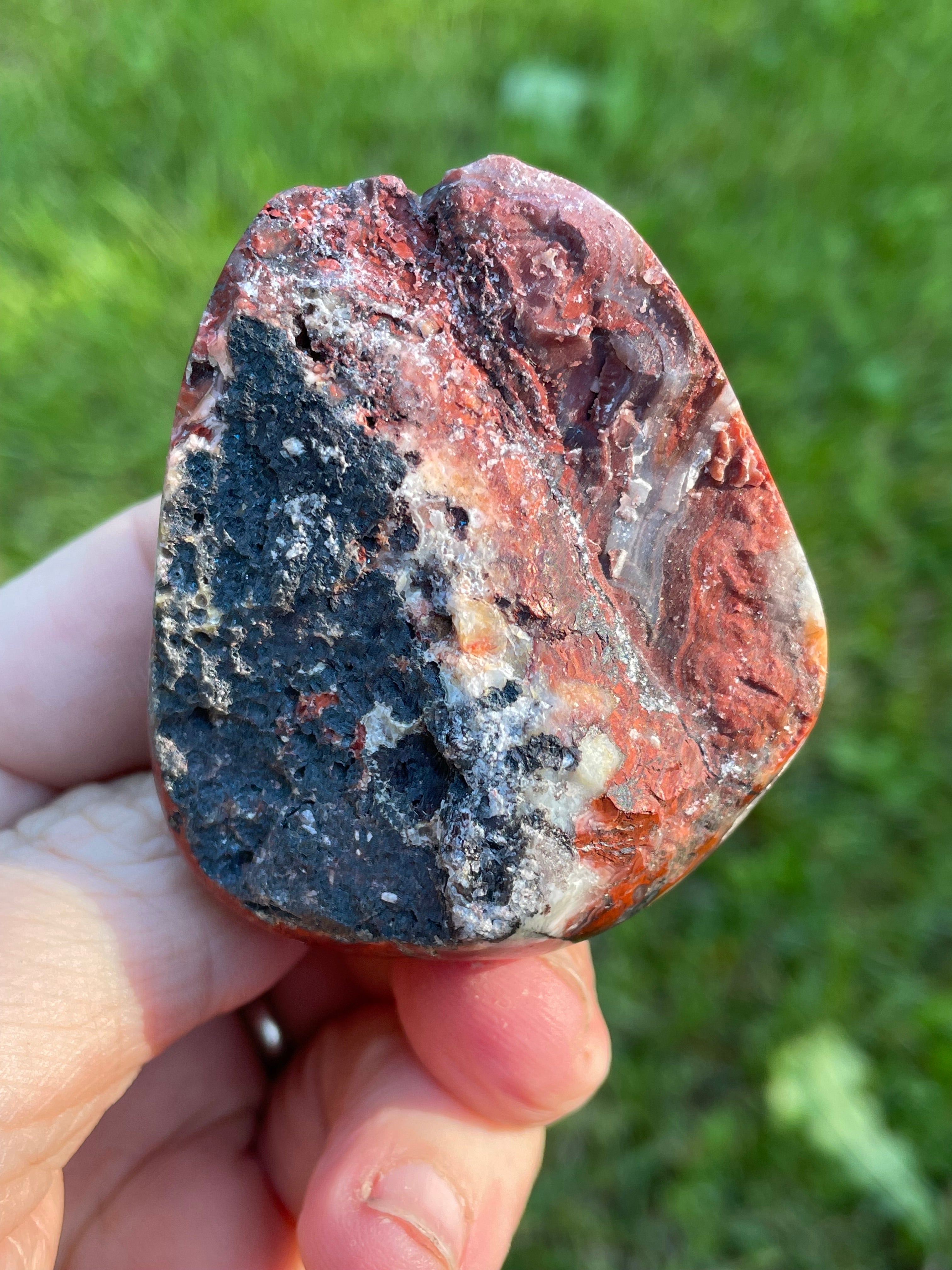 StoneBorn Creations Hand-Polished Lace Agate Freeform with Curved Polished Face, Fortification Banding, and Natural Raw Backing