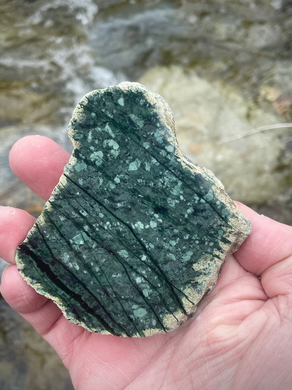 🌲 Polished Vermont Greenstone – Dual-Sided Finish with Forest-Line Banding
