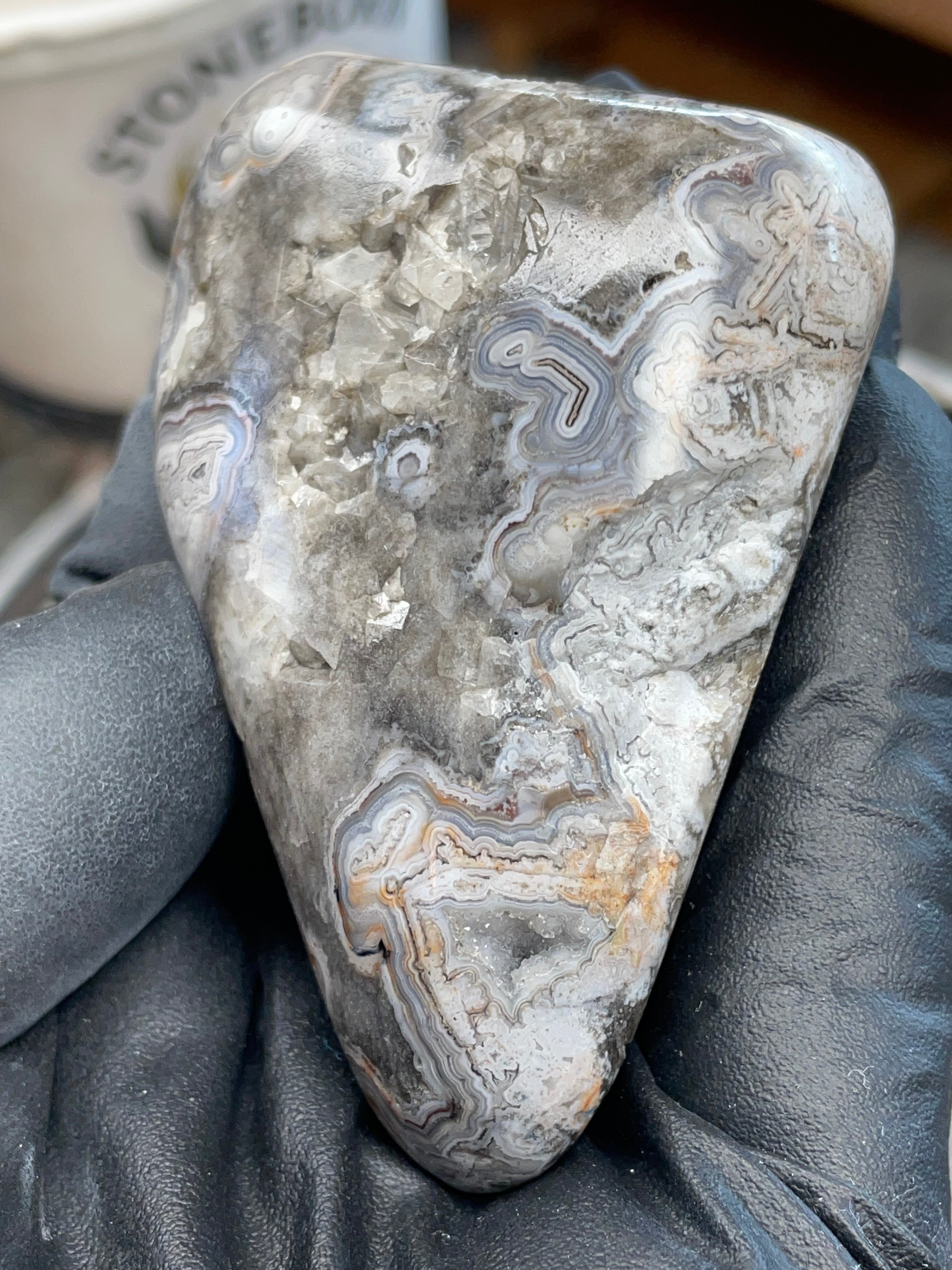 StoneBorn Creations | Hand-Polished Lace Agate with Natural Quartz Crystal Pockets