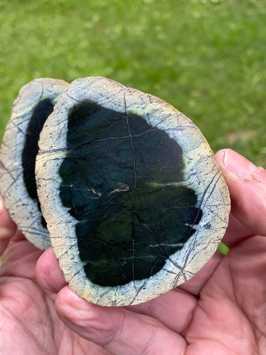 StoneBorn Creations – Hand-Polished Deep Forest Green Stone Pair | Natural Cream Borders & Fine Mineral Veining