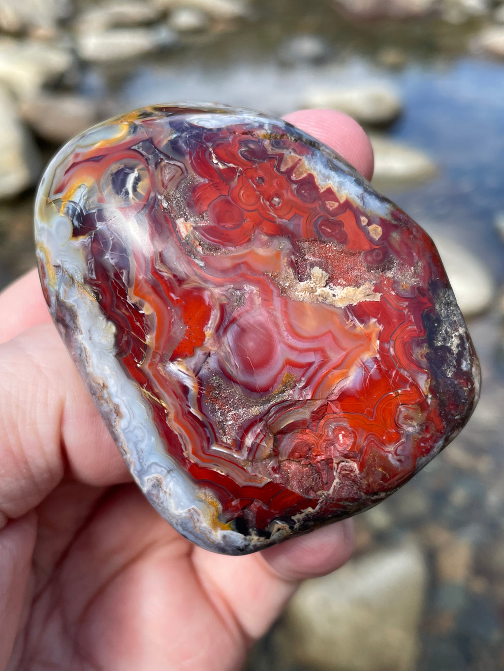 StoneBorn Creations Hand Polished Lace Agate Freeform with Fiery Crimson Banding and Natural Raw Backing