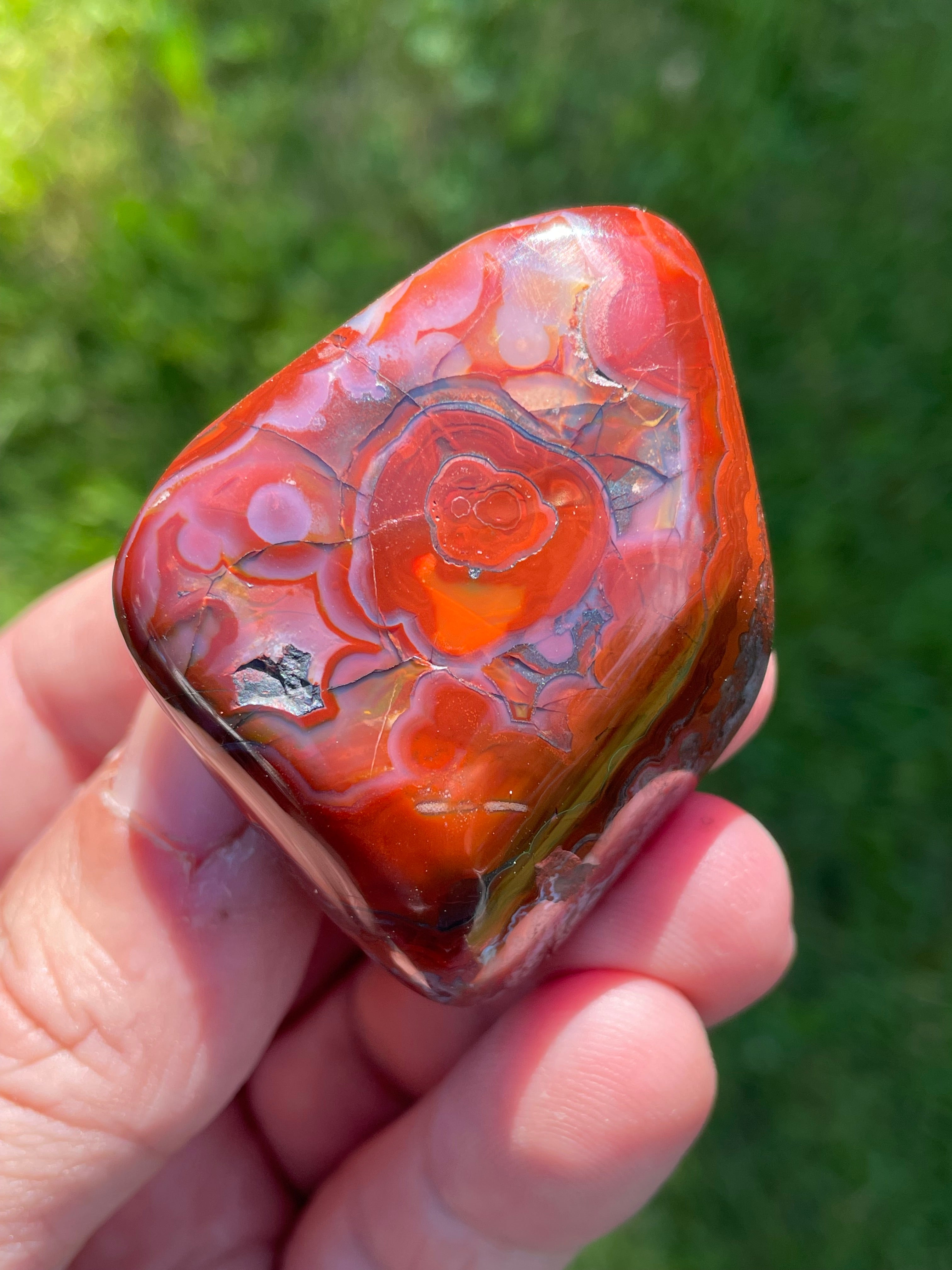 StoneBorn Creations Hand-Polished Lace Agate Freeform with Bold Red Plumes, Fortification Banding & Natural Matrix