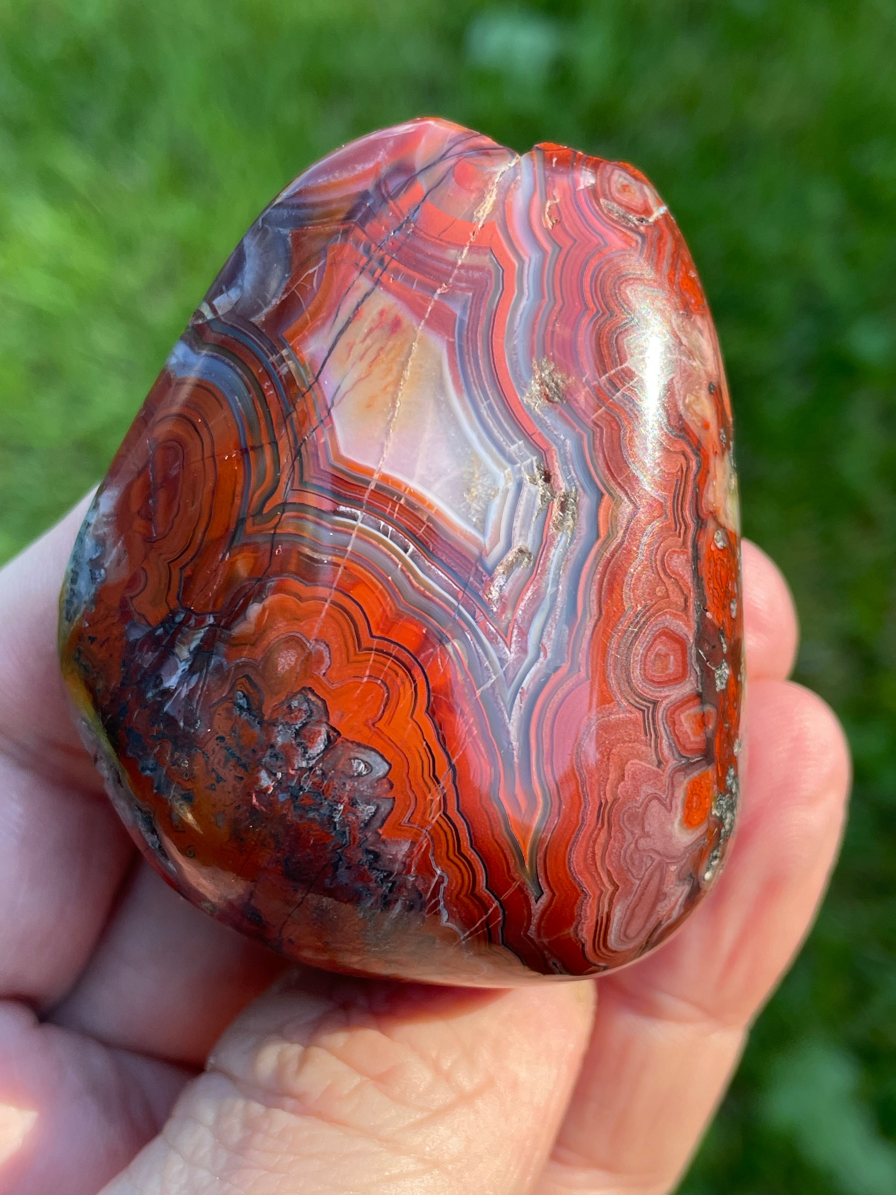 StoneBorn Creations Hand-Polished Lace Agate Freeform with Curved Polished Face, Fortification Banding, and Natural Raw Backing