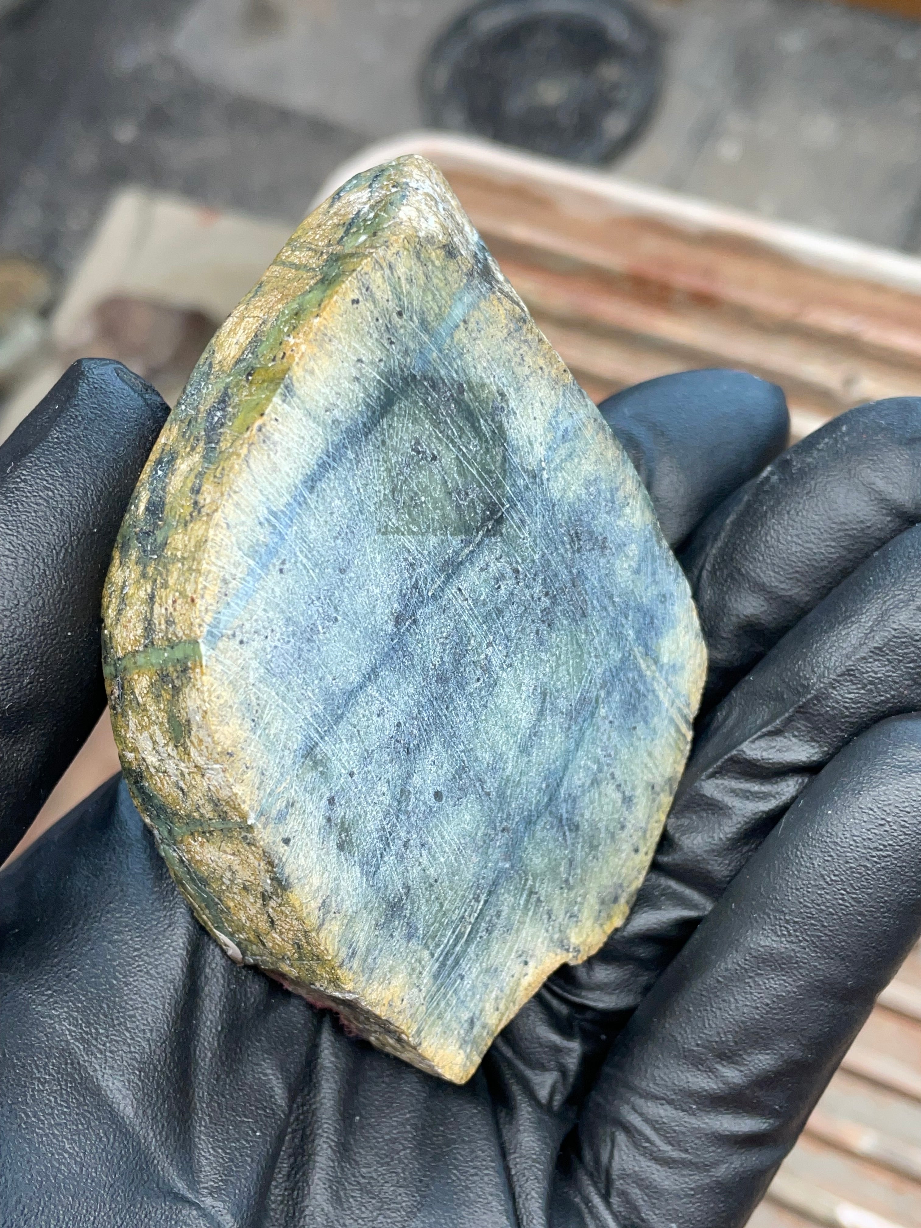 StoneBorn Creations | Polished Vermont Greenstone “Glacier Grid” Slab — Deep Forest Green + Golden Rind
