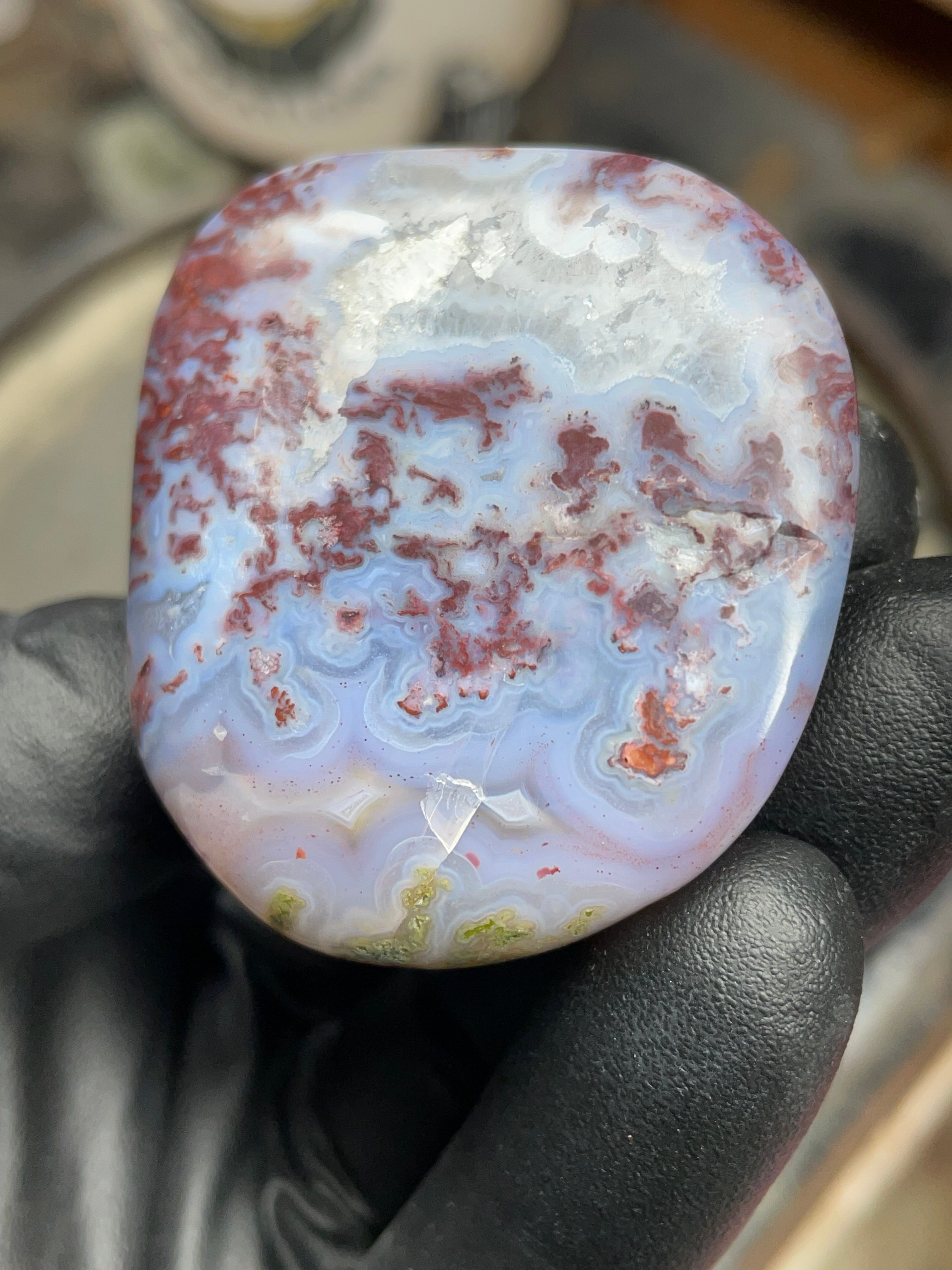 StoneBorn Creations – Hand-Polished Blue Lace Agate with Red Plume Inclusions & Natural Druzy