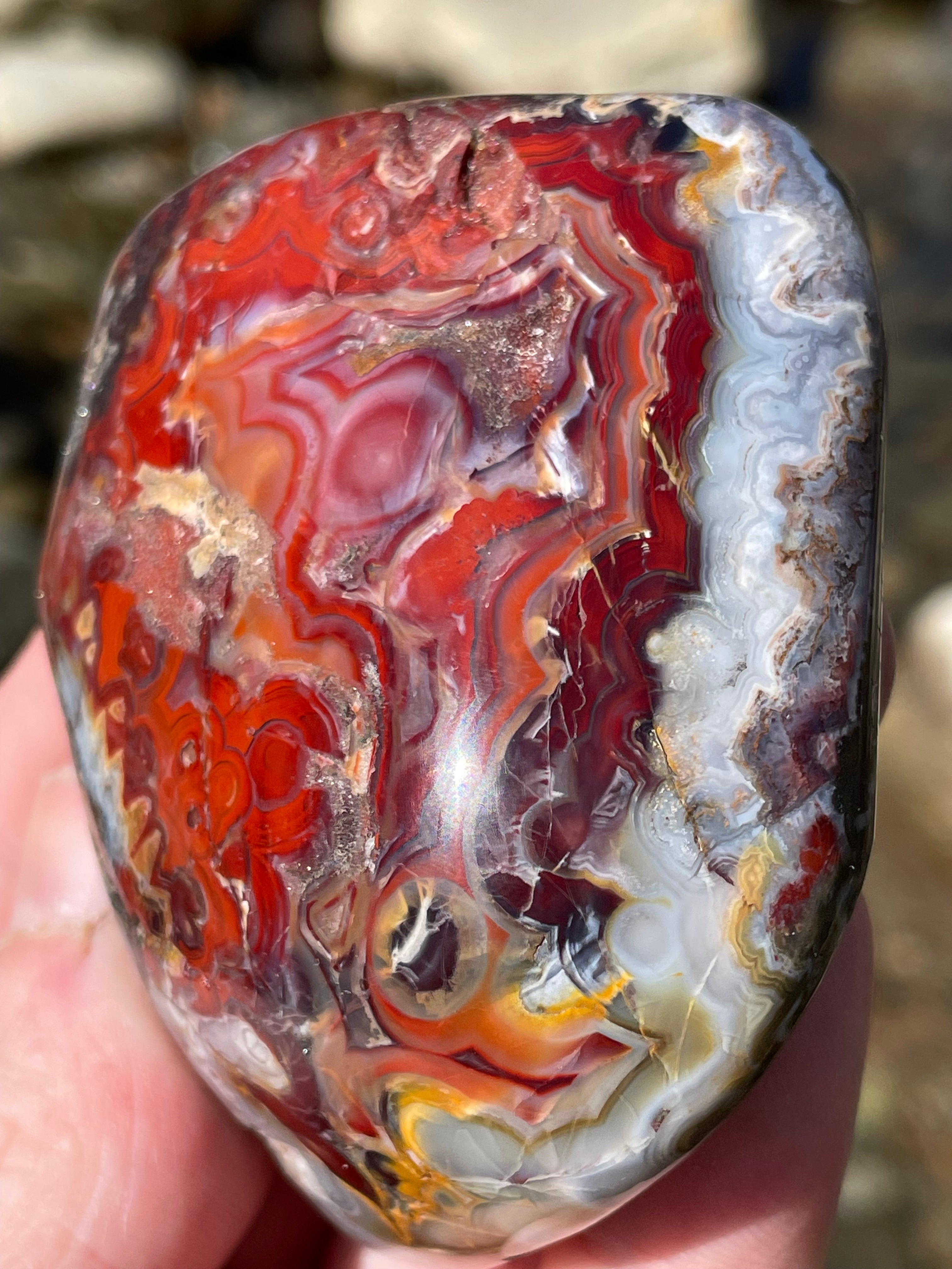 StoneBorn Creations Hand Polished Lace Agate Freeform with Fiery Crimson Banding and Natural Raw Backing