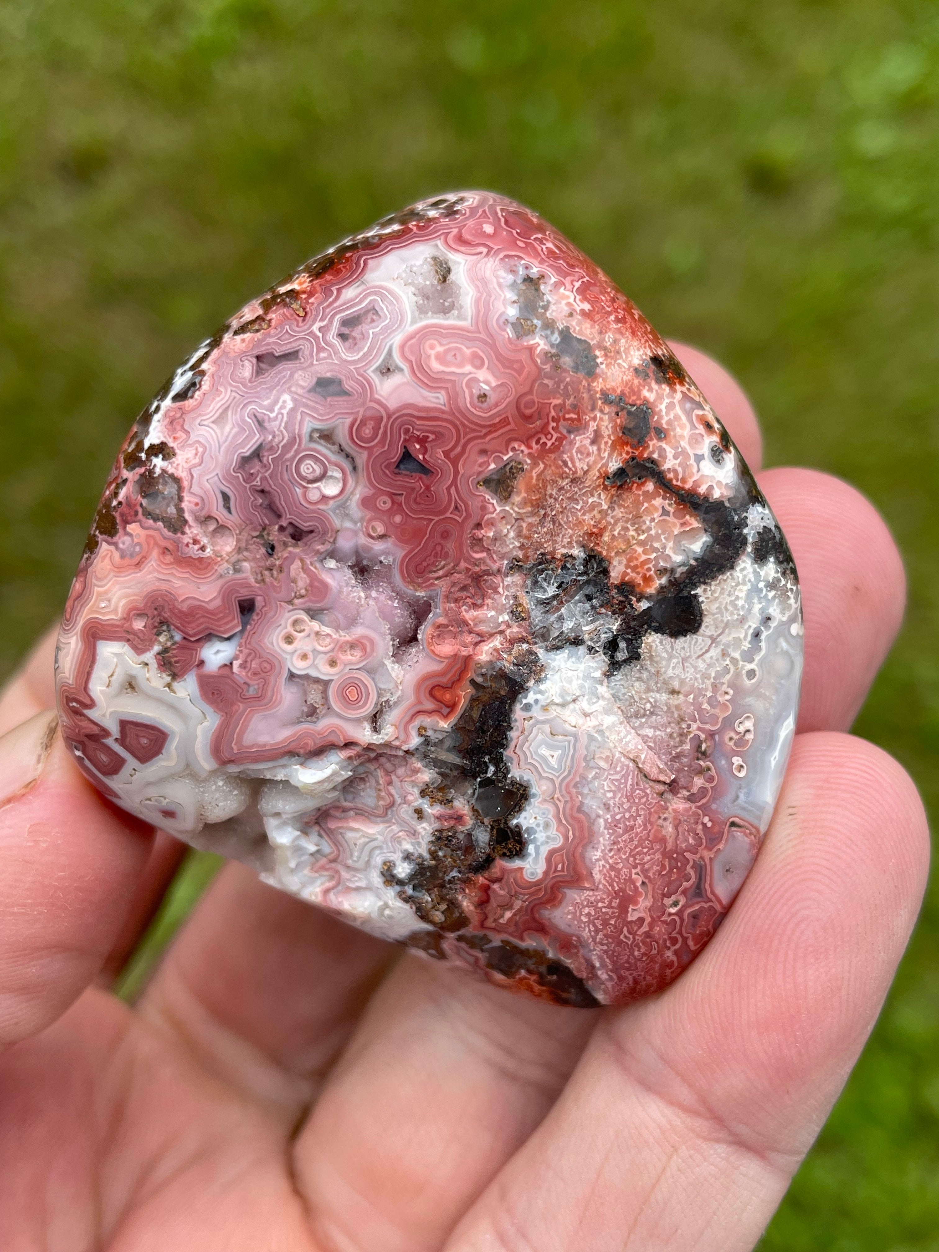 StoneBorn Creations Hand-Polished Lace Agate Freeform with Crimson Fortification Banding, Natural Druzy Cavities, and Intricate Orbicular Patterns