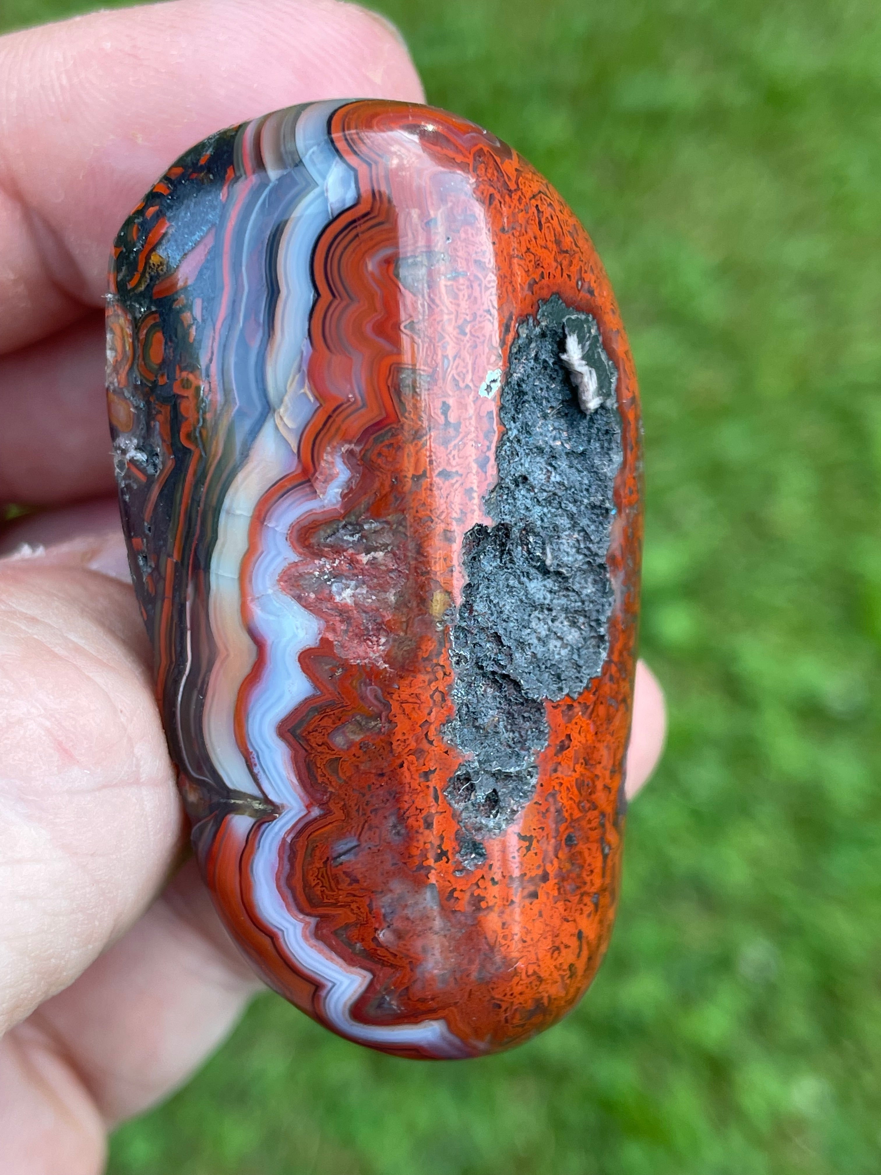 StoneBorn Creations Hand-Polished Lace Agate Freeform with Intricate Fortification Banding, Bold Red Plumes & Natural Druzy Matrix