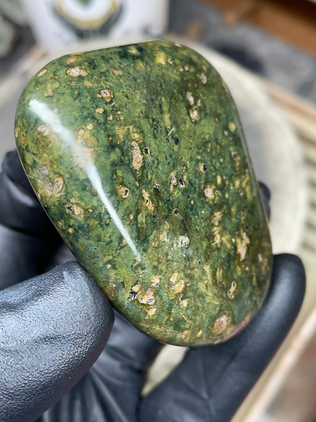 StoneBorn Creations – Hand-Polished Vermont Serpentine | Natural Green Stone with Golden Inclusions | One-of-a-Kind Display Piece