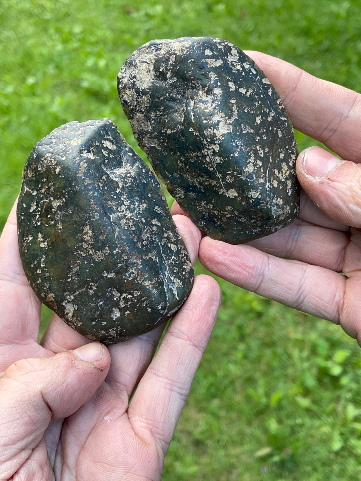 StoneBorn Creations – Dark Green Serpentine Matching Stone Pair | Natural Mineral Patterns & Earthy Green Interior