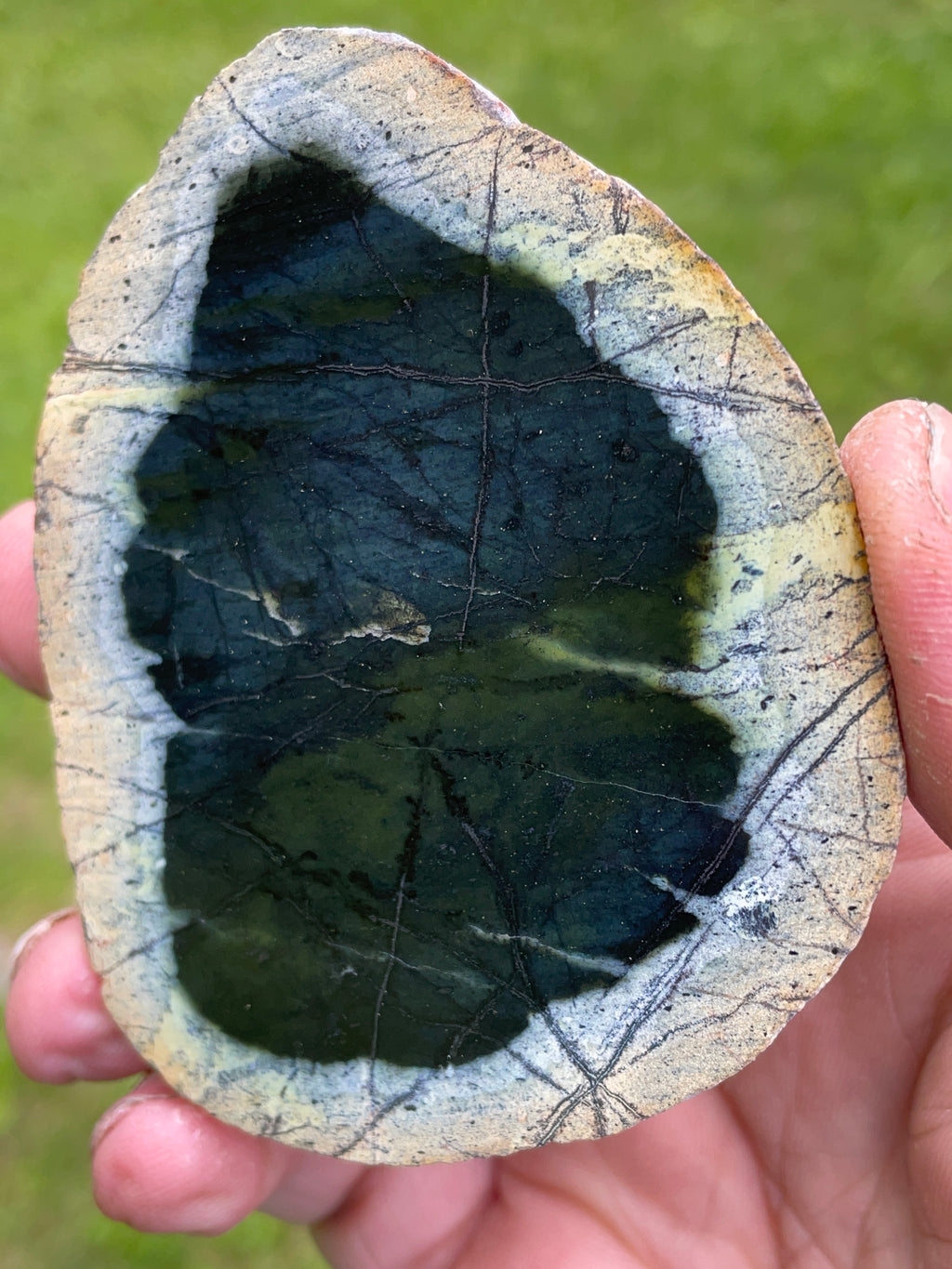 StoneBorn Creations – Hand-Polished Deep Forest Green Stone Pair | Natural Cream Borders & Fine Mineral Veining